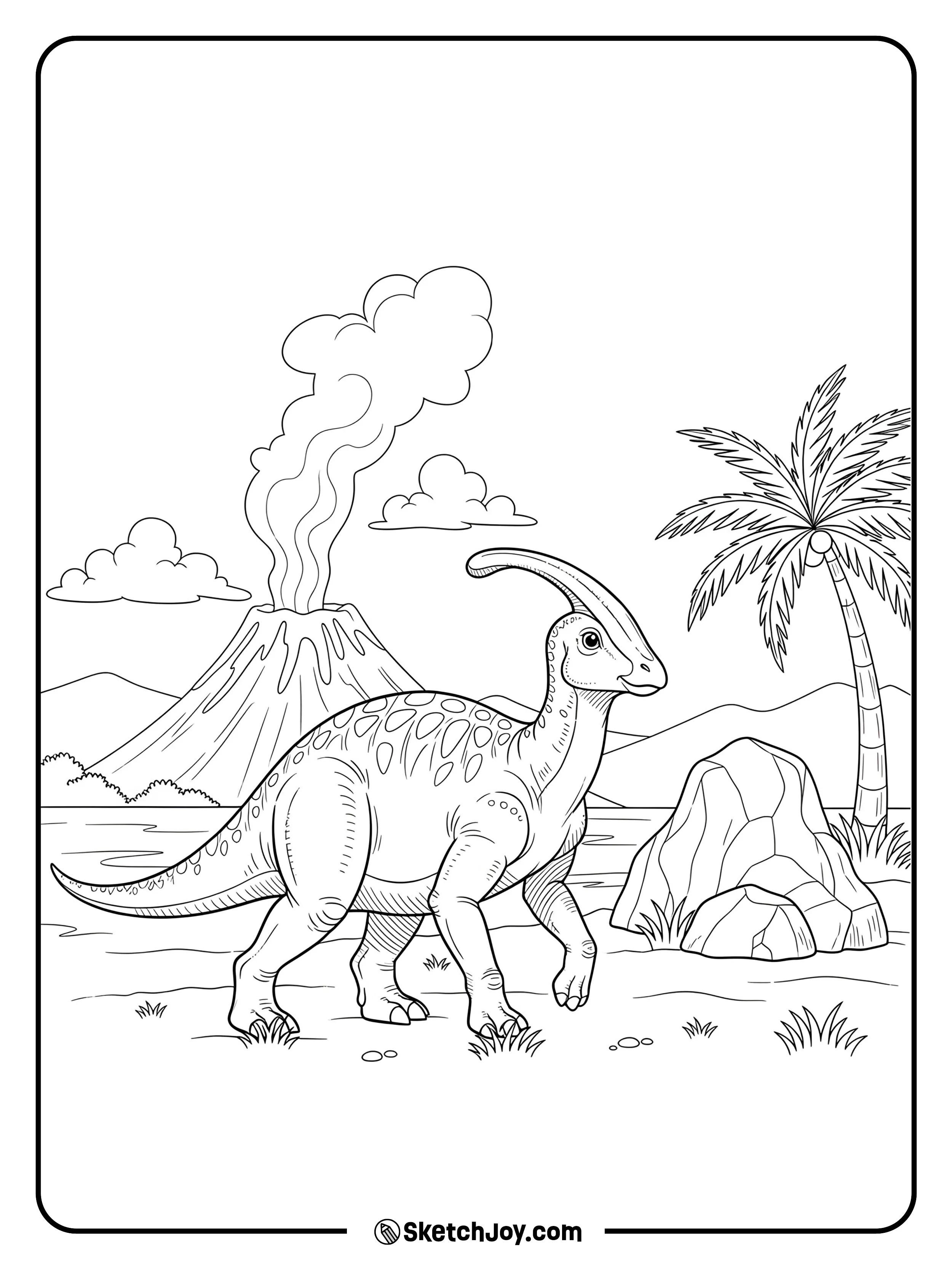 A gentle Parasaurolophus strolls near a distant volcano.