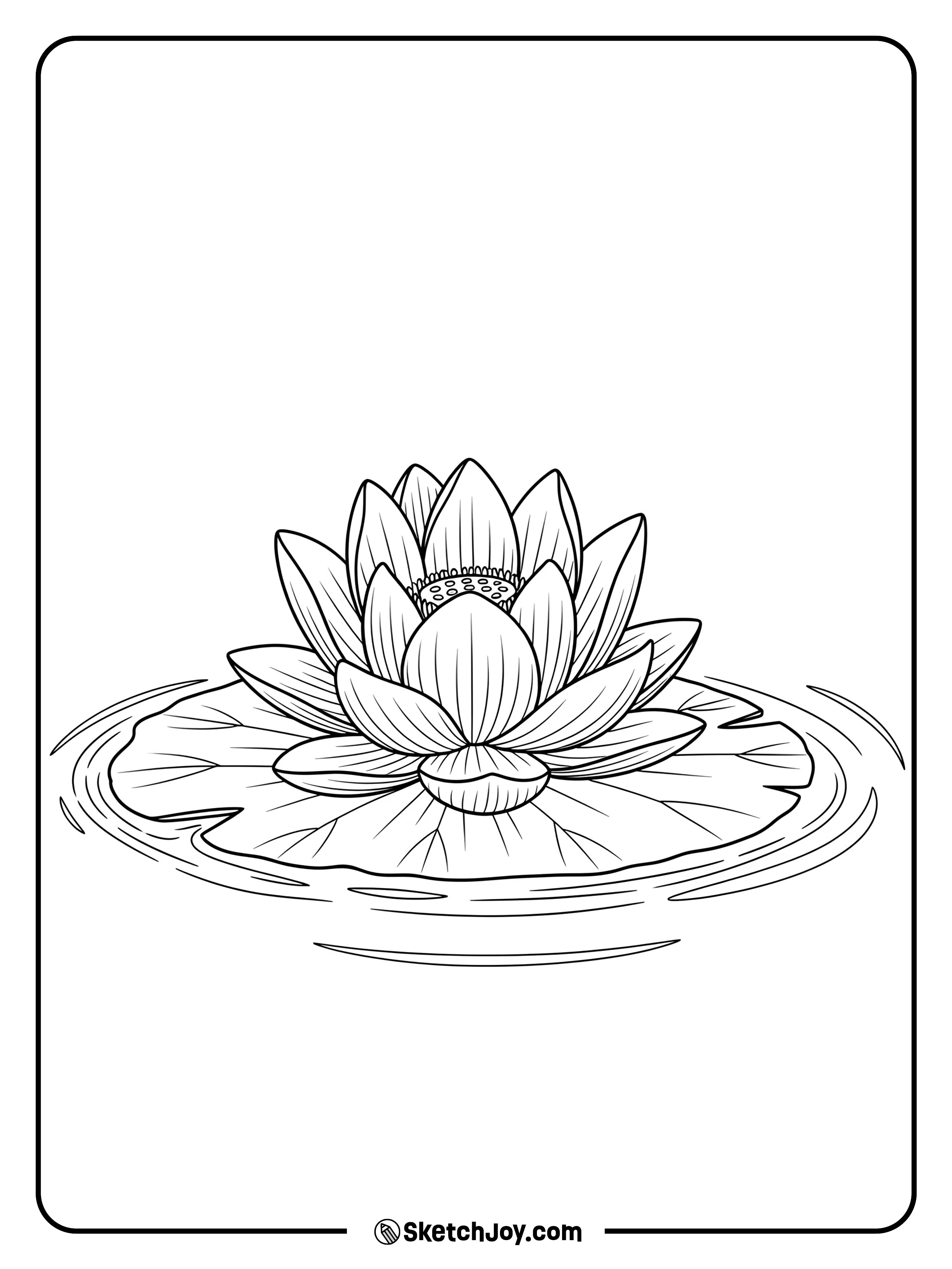 A calm and real-looking lotus flower floating on water.