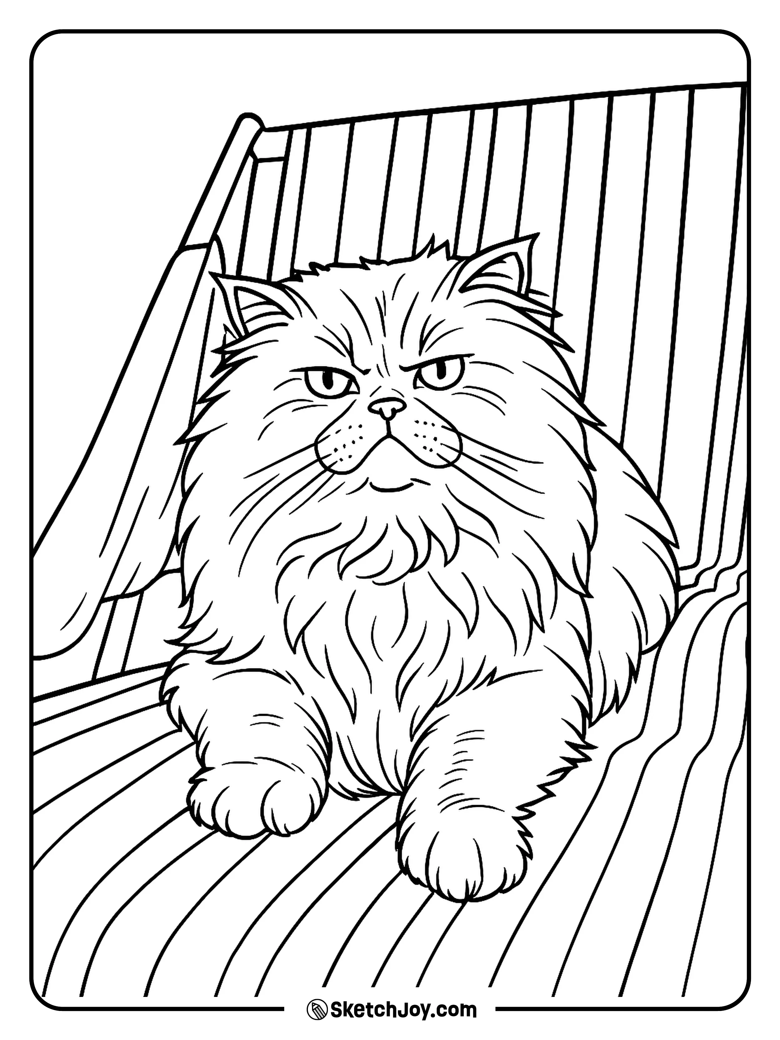 A Persian cat lounges on a colorful beach chair