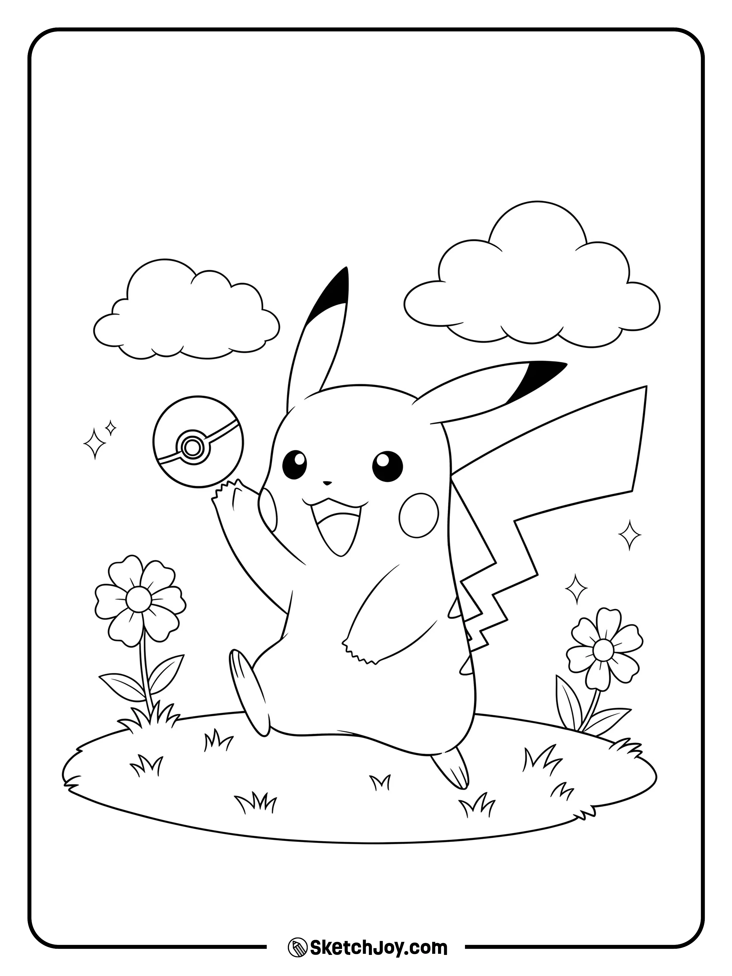 A joyful Pikachu is playing with a small ball on the grass.