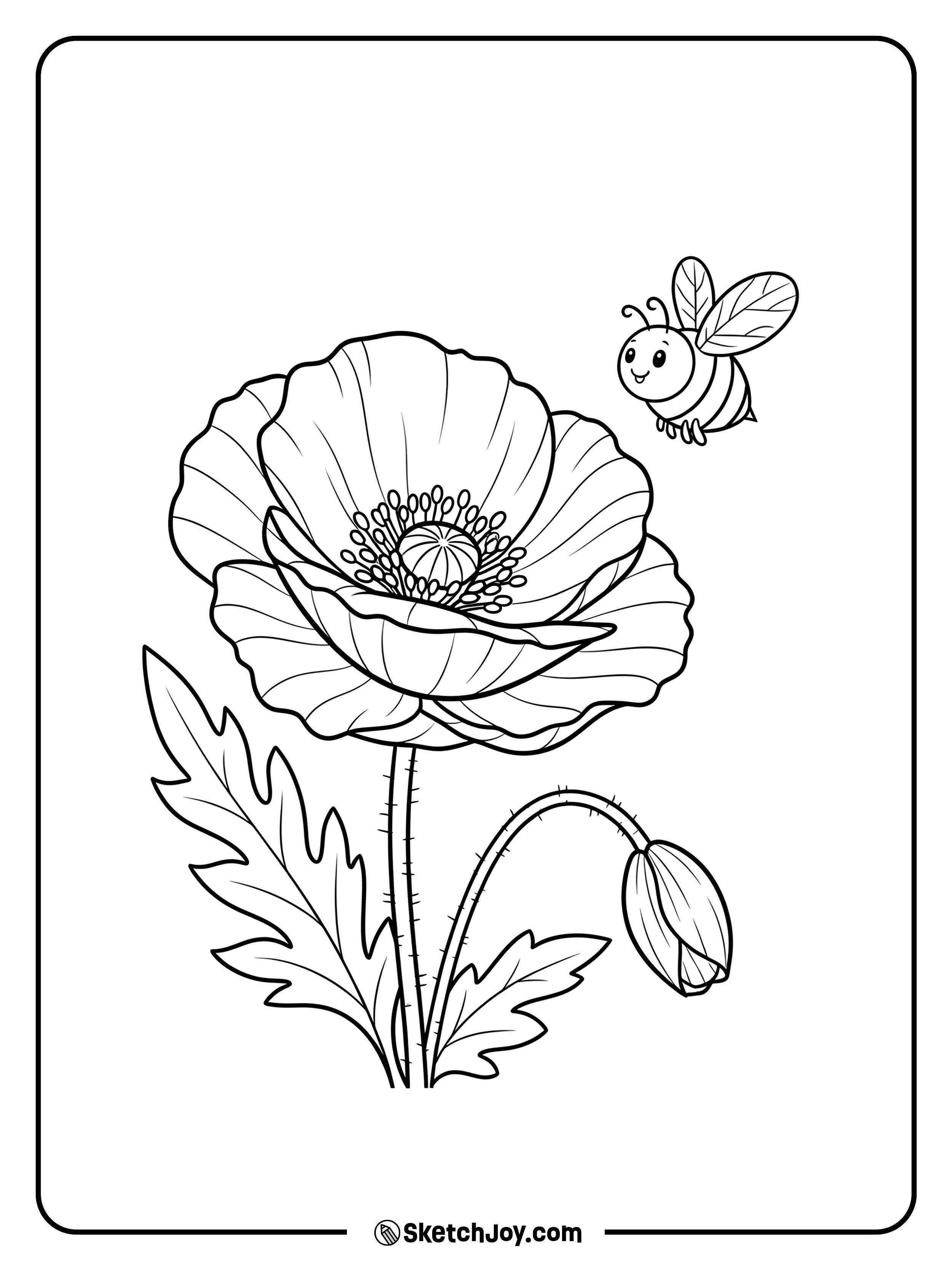 A poppy flower with a cartoon bee buzzing around.