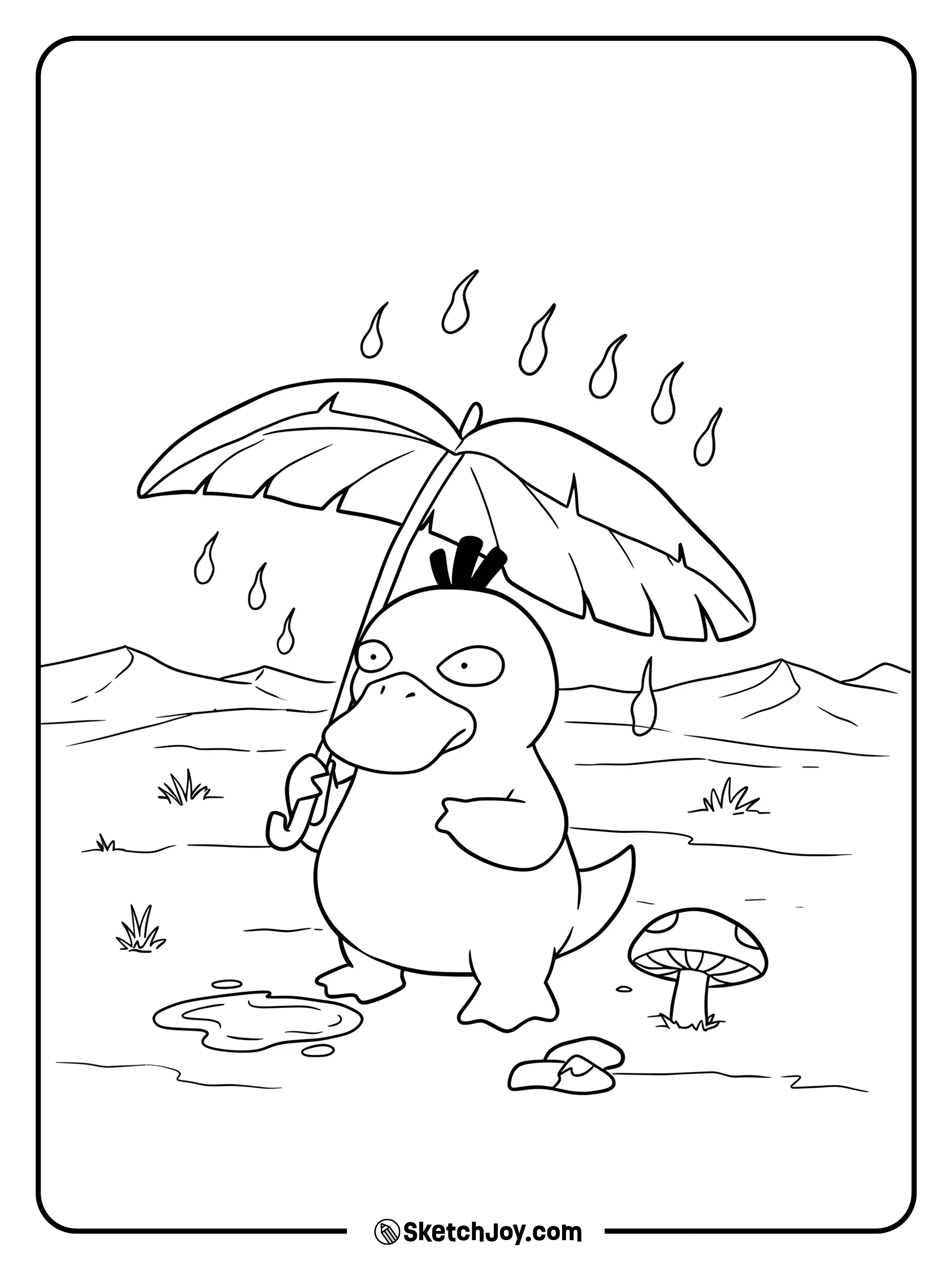 Psyduck holds a leaf over its head while standing in the rain.