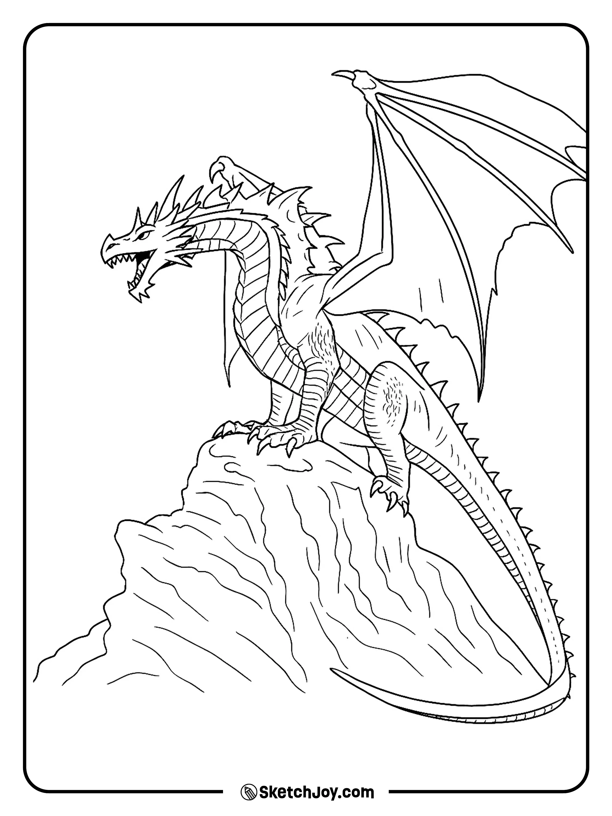 A powerful dragon stands tall on a rocky cliff