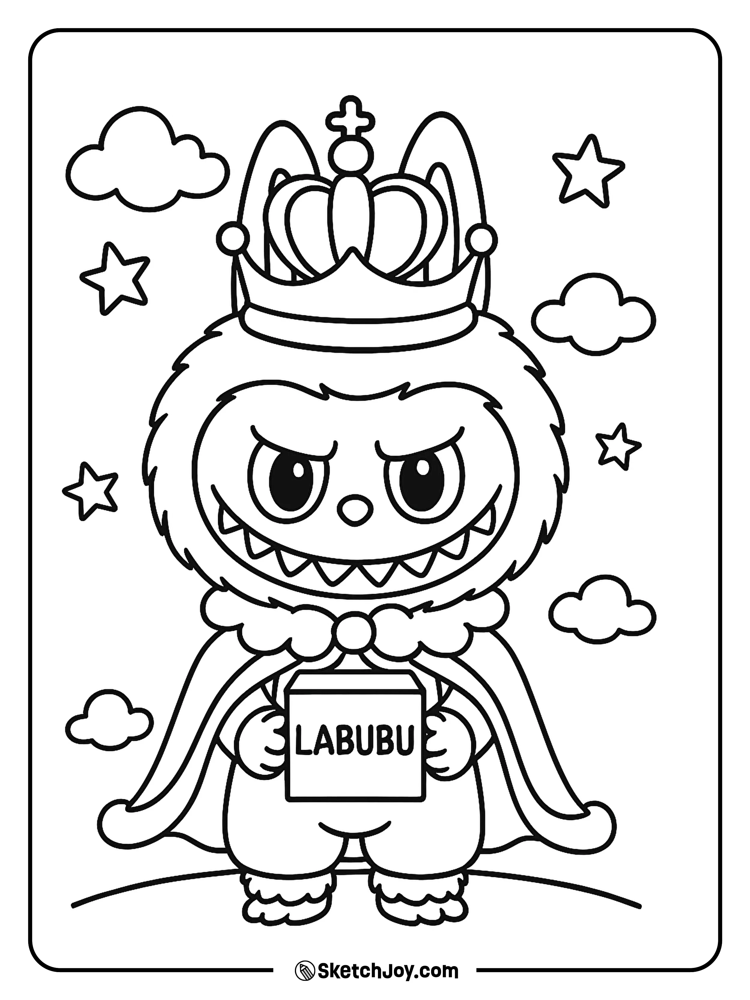 Labubu stands proud as a little king with a crown and cape.