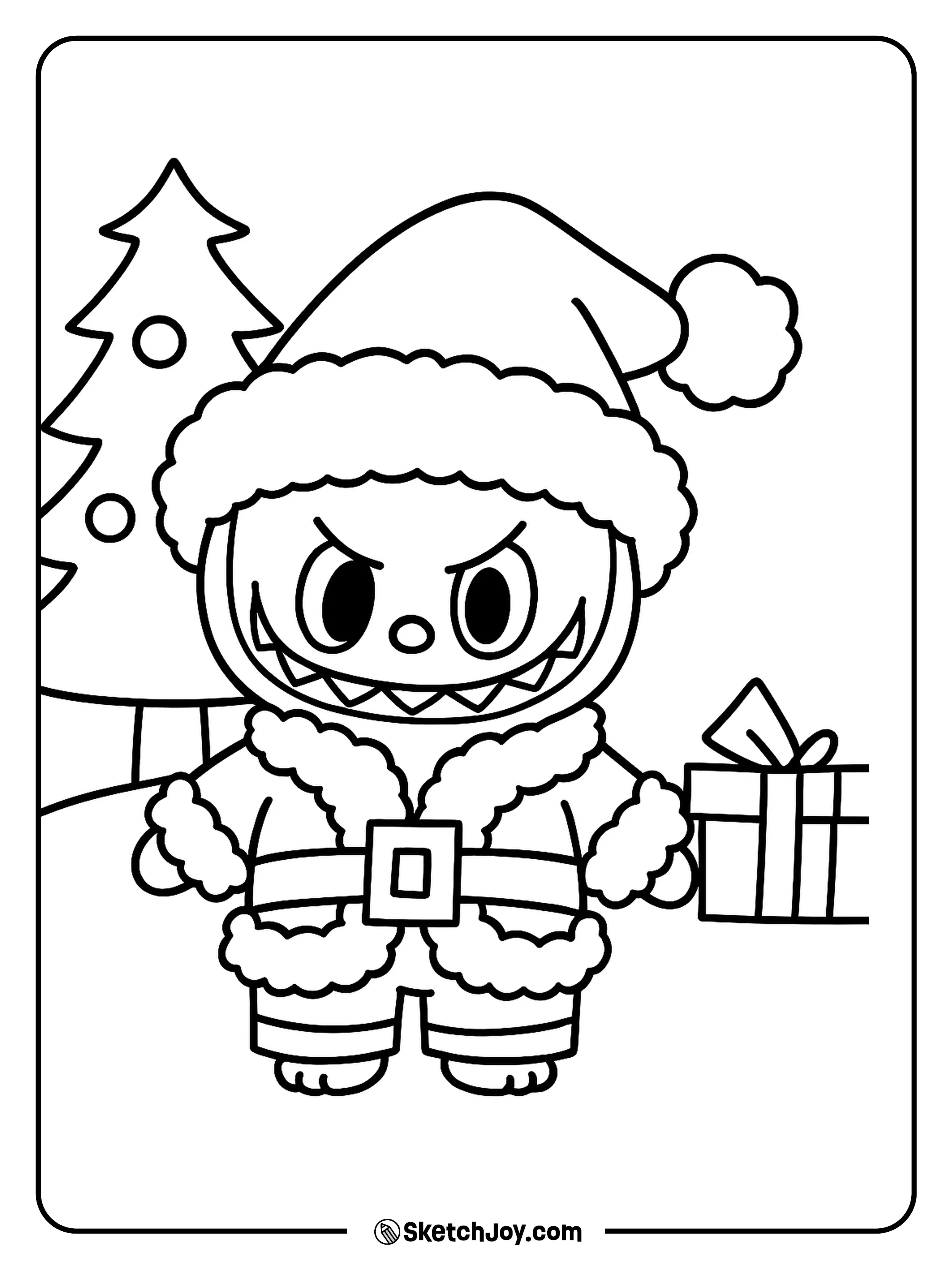 Labubu is dressed in a cozy Santa outfit, ready to spread holiday cheer with a big present.