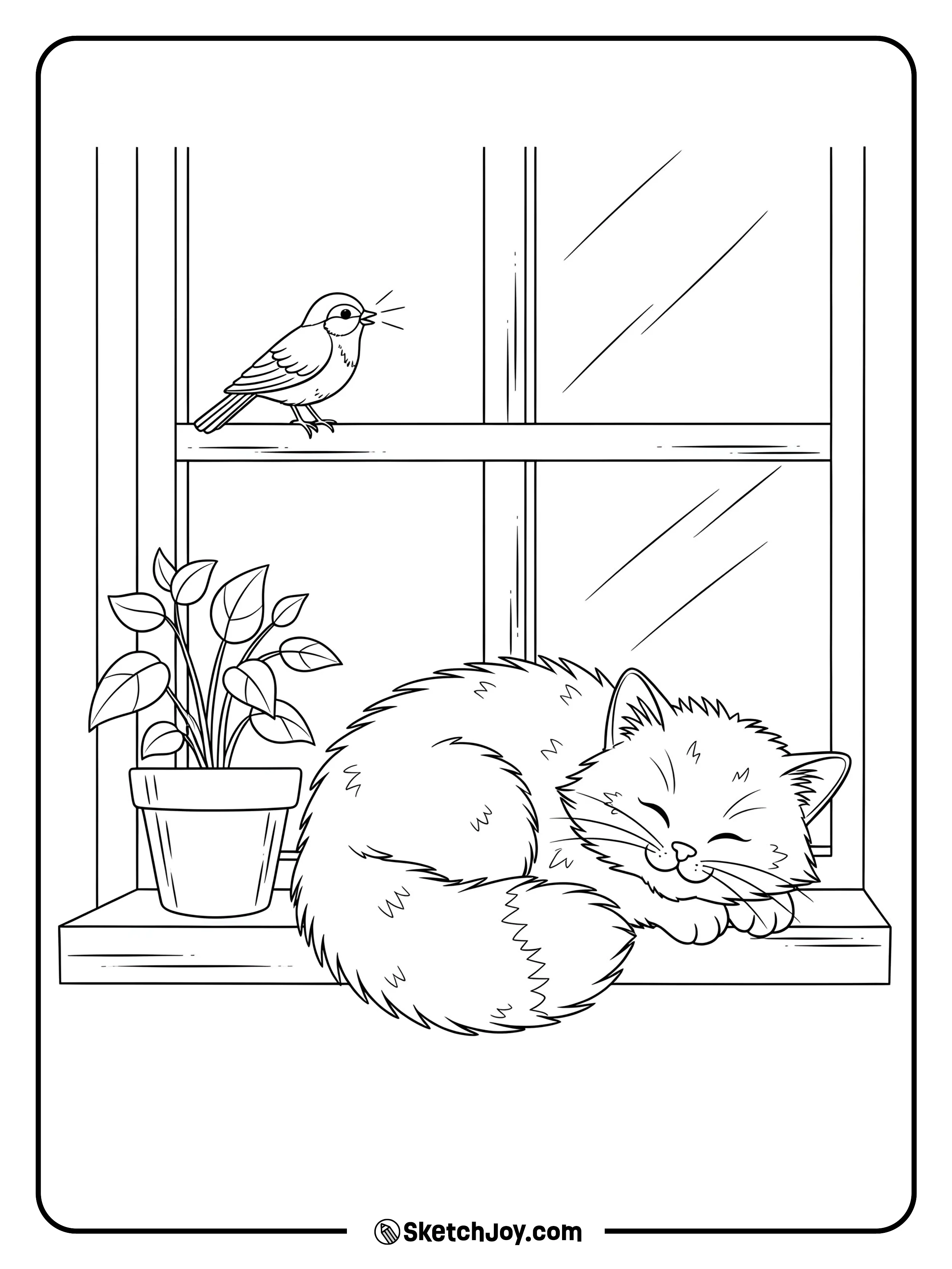 A cute cat is napping peacefully on a window sill with a calm breeze around.