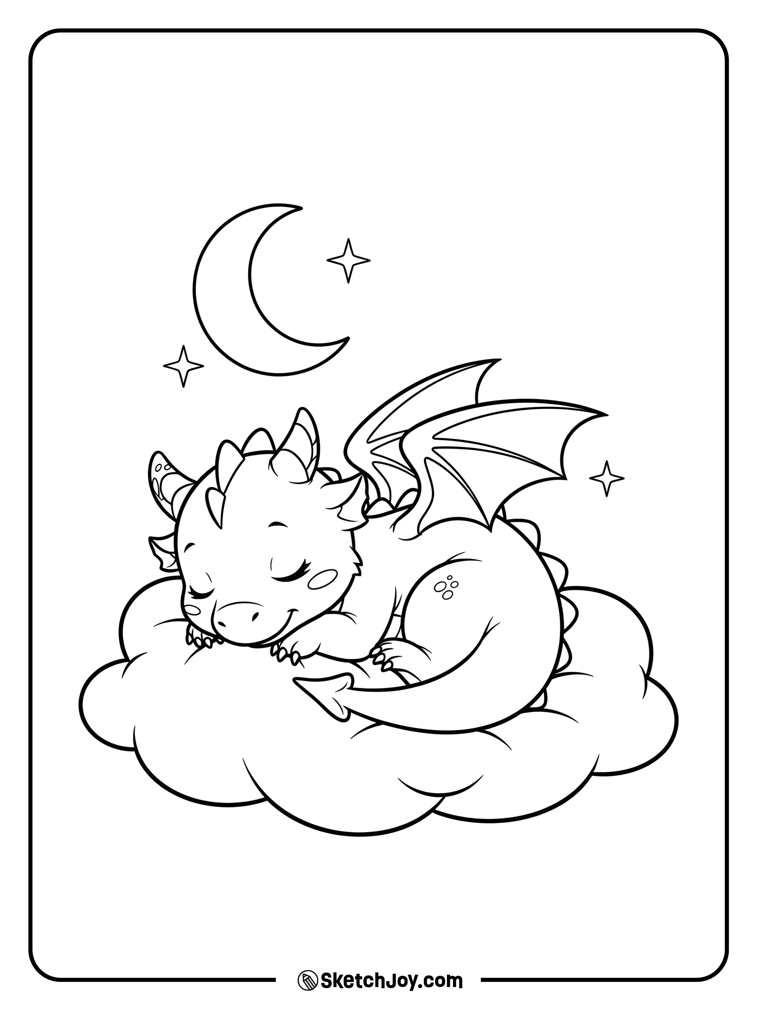 A cute dragon snoozes peacefully on a fluffy cloud.