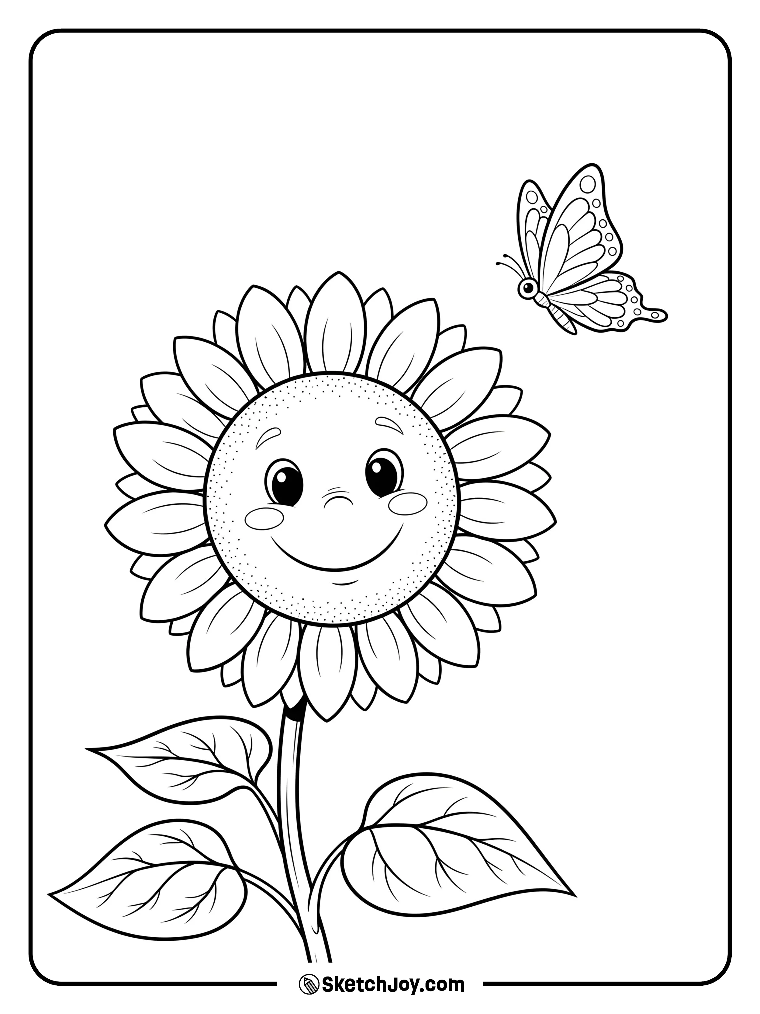 A cheerful cartoon-style sunflower with a big smile and happy eyes.