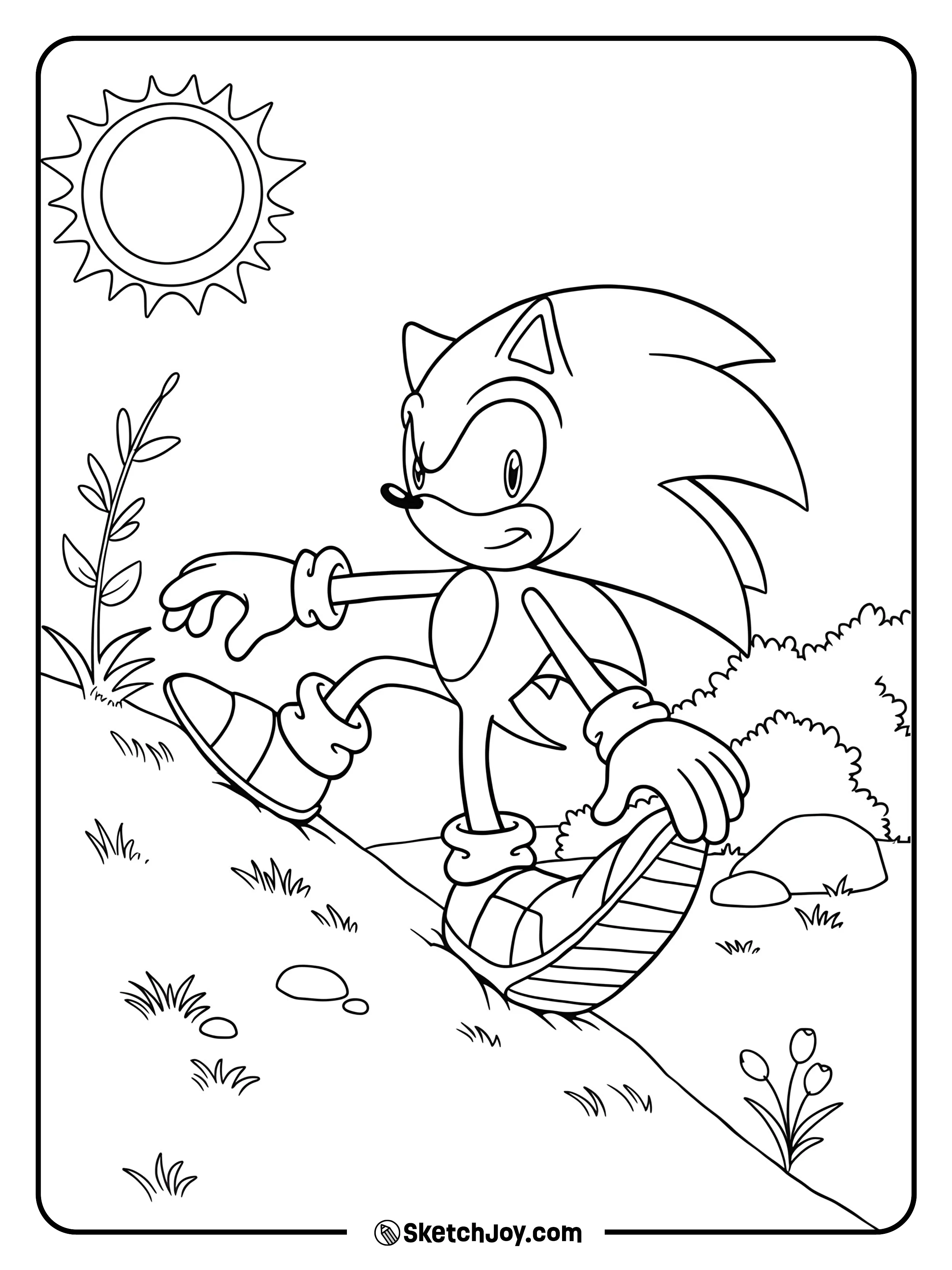 Sonic climbs a small hill with determination, showcasing a sense of adventure.