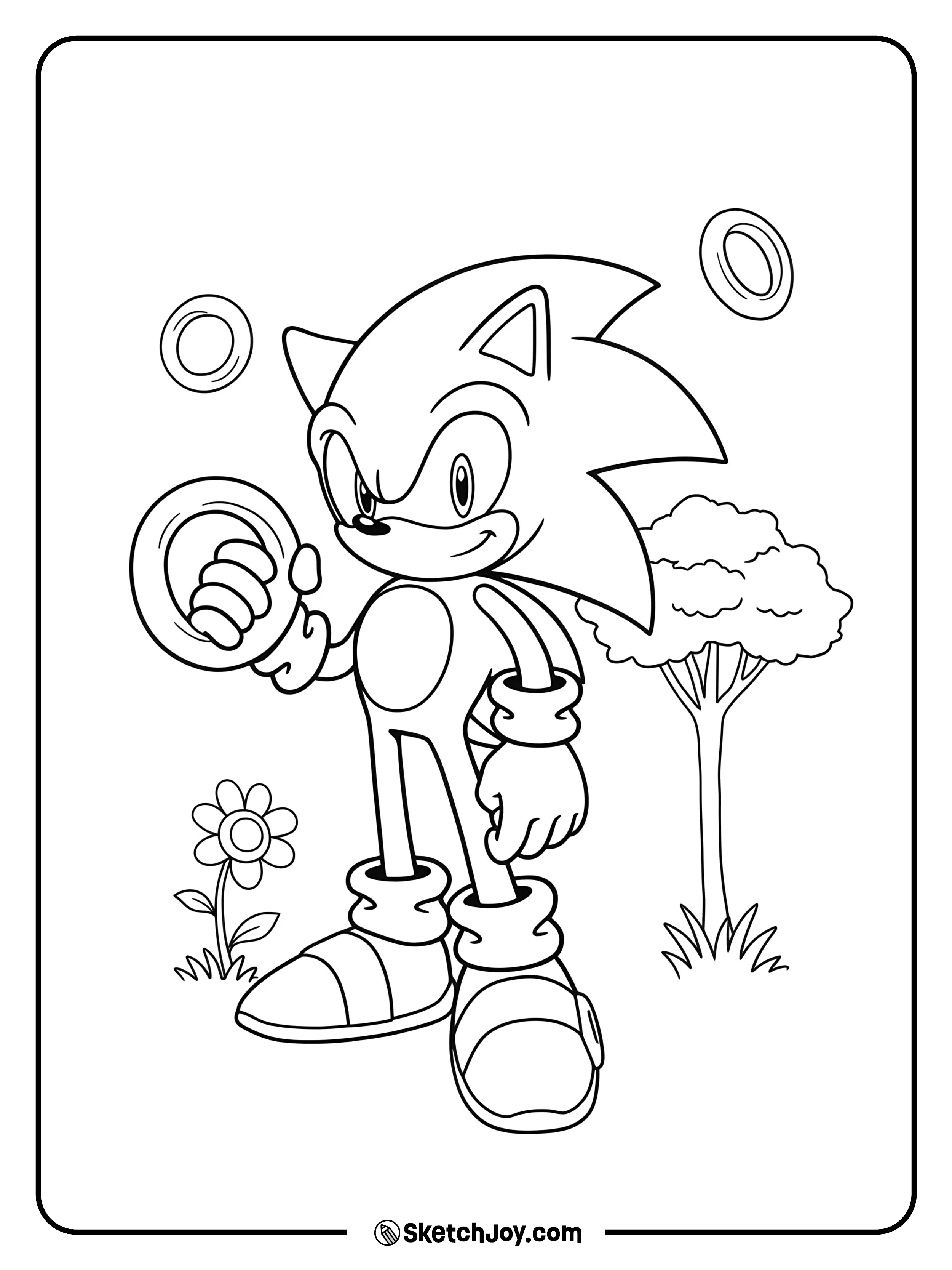 Sonic proudly holds a large golden ring in one hand.