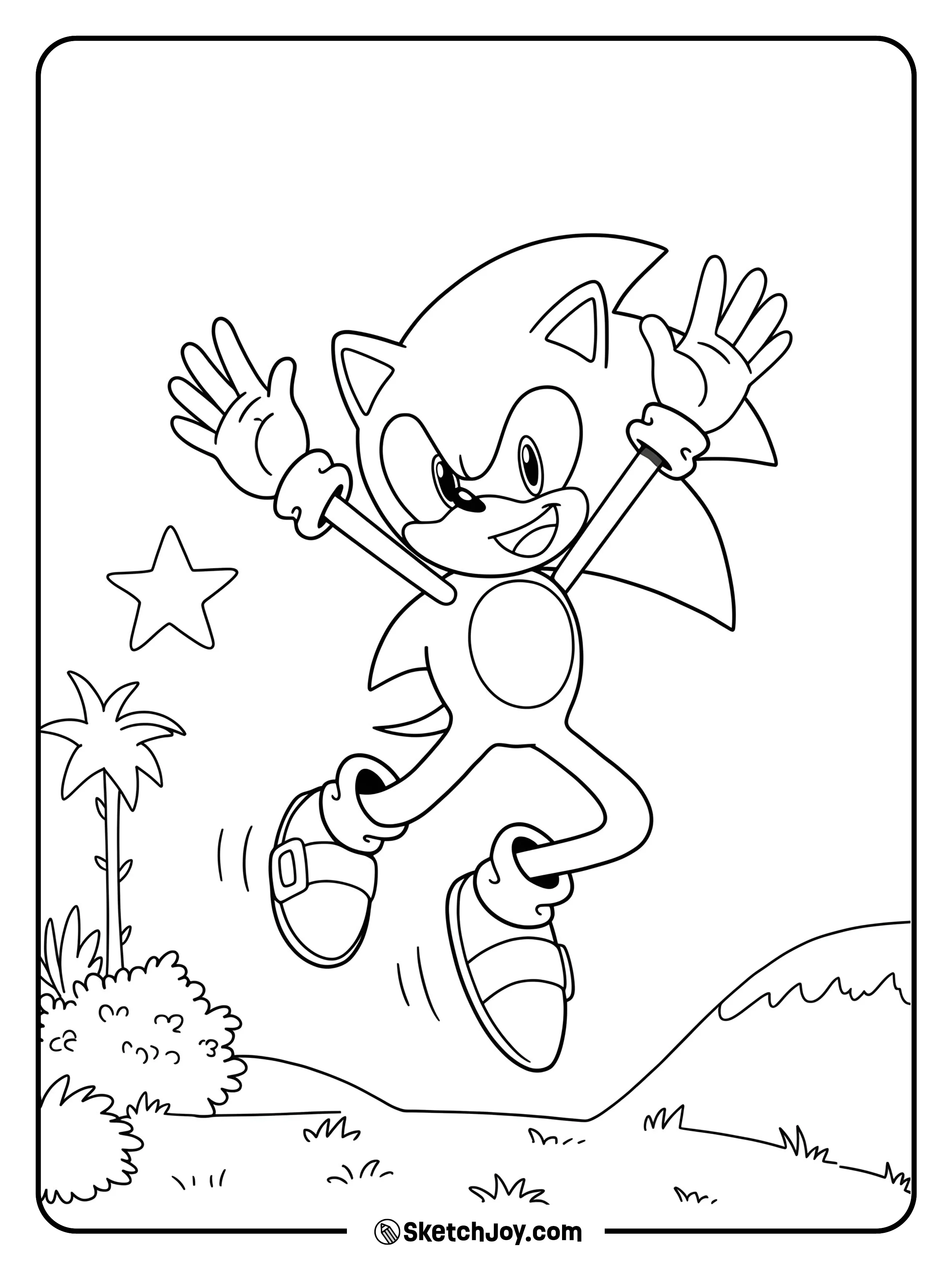 Sonic is captured mid-jump with a joyful expression