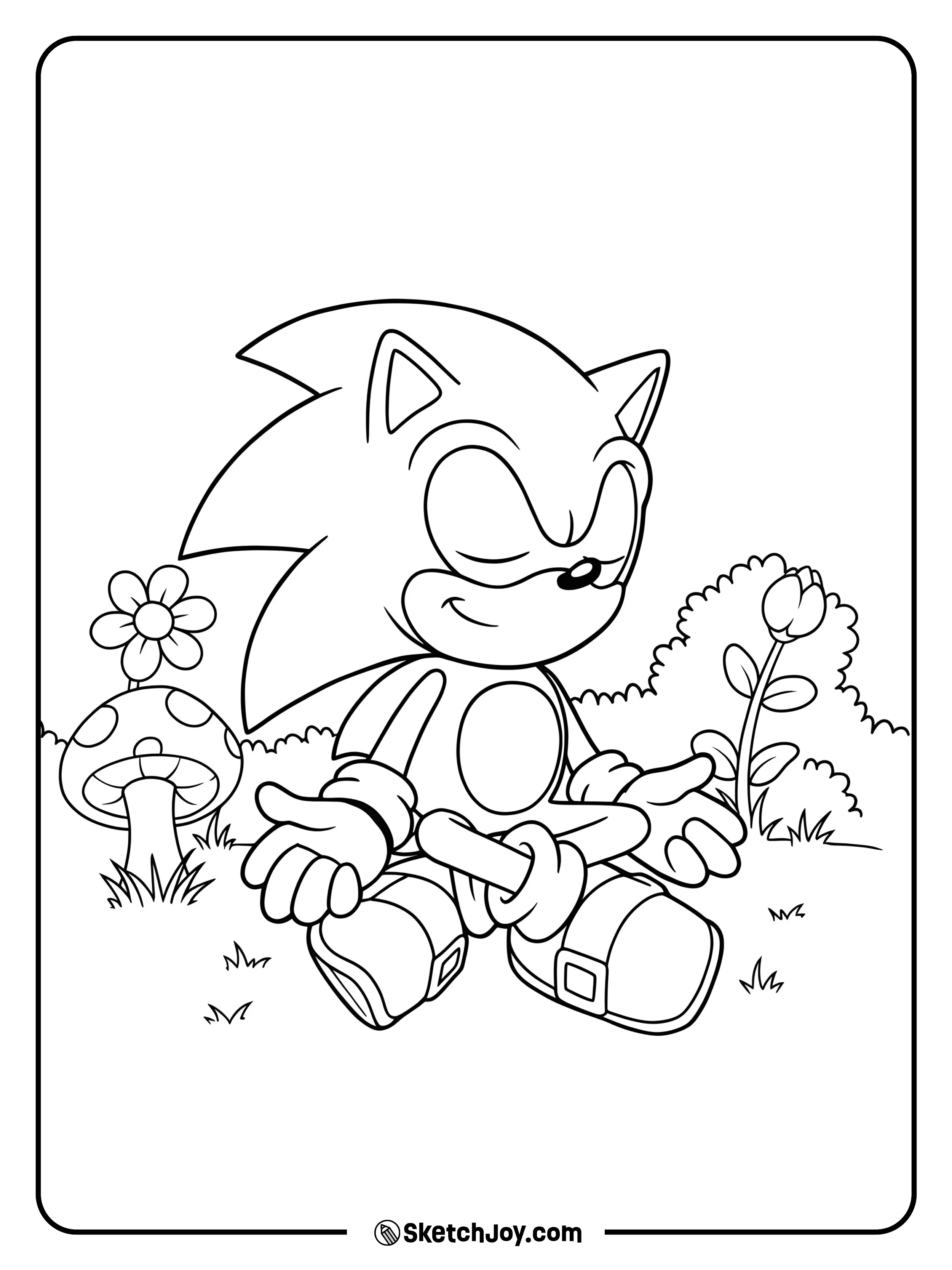 Sonic takes a break and sits cross-legged on the ground, looking relaxed.