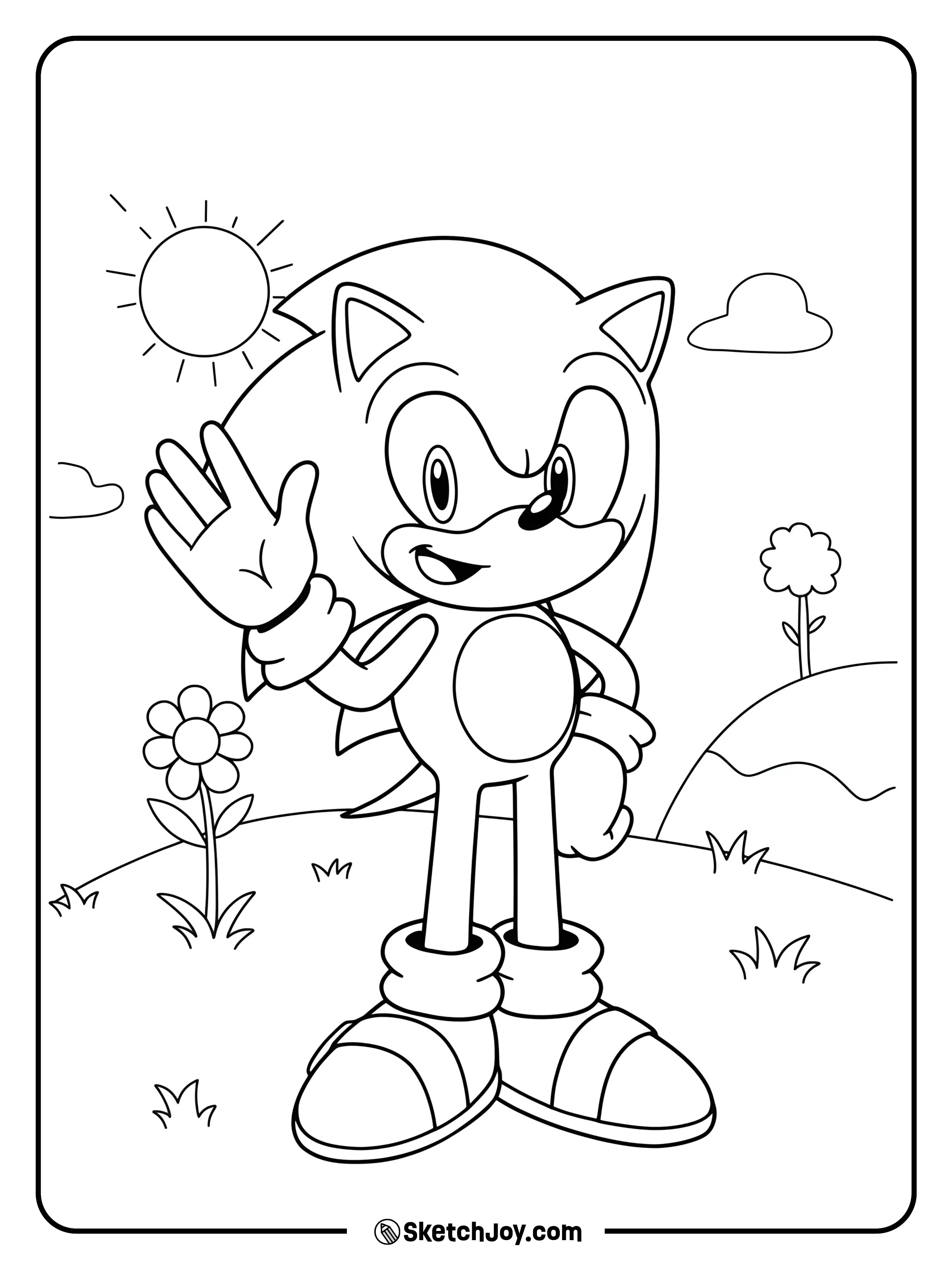 Sonic is waving with a friendly smile, perfect for a welcoming page.