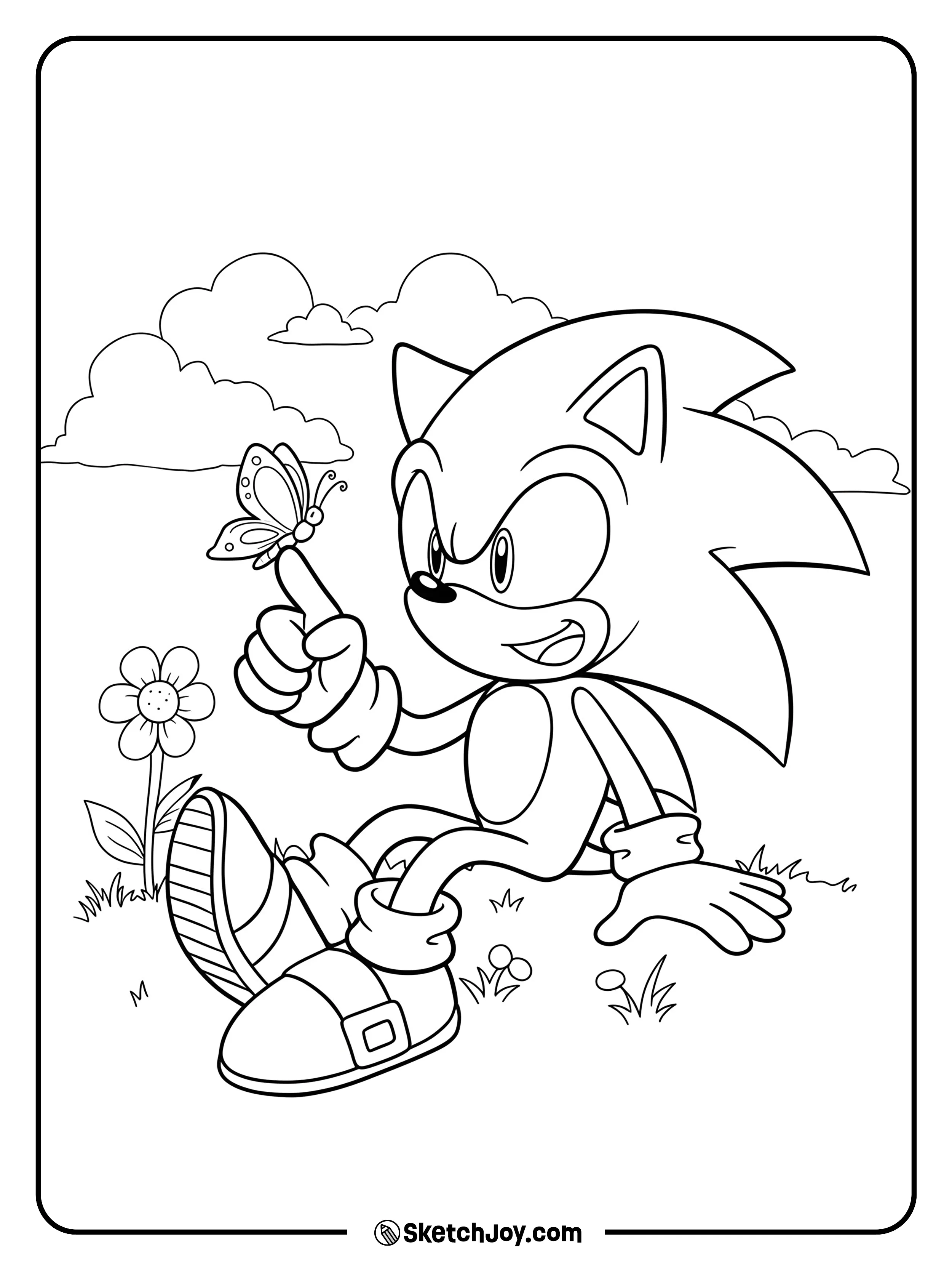 A peaceful moment where Sonic is gently watching a butterfly land on his hand.