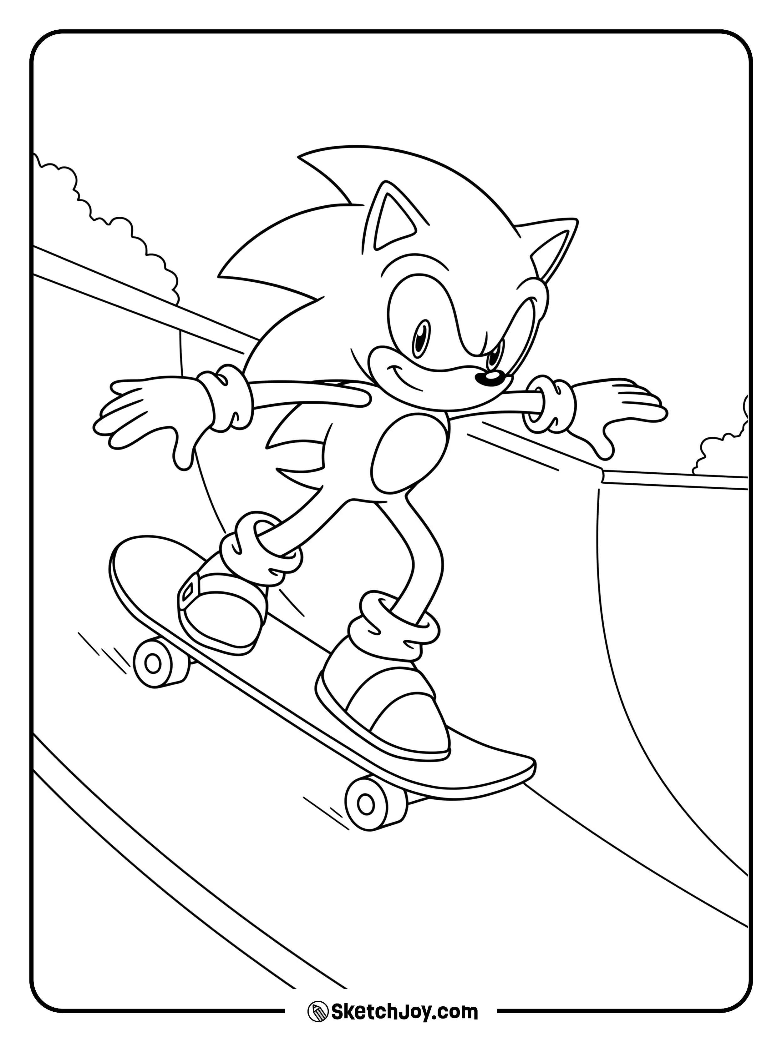 Sonic rides a skateboard down a hill, looking cool and focused.