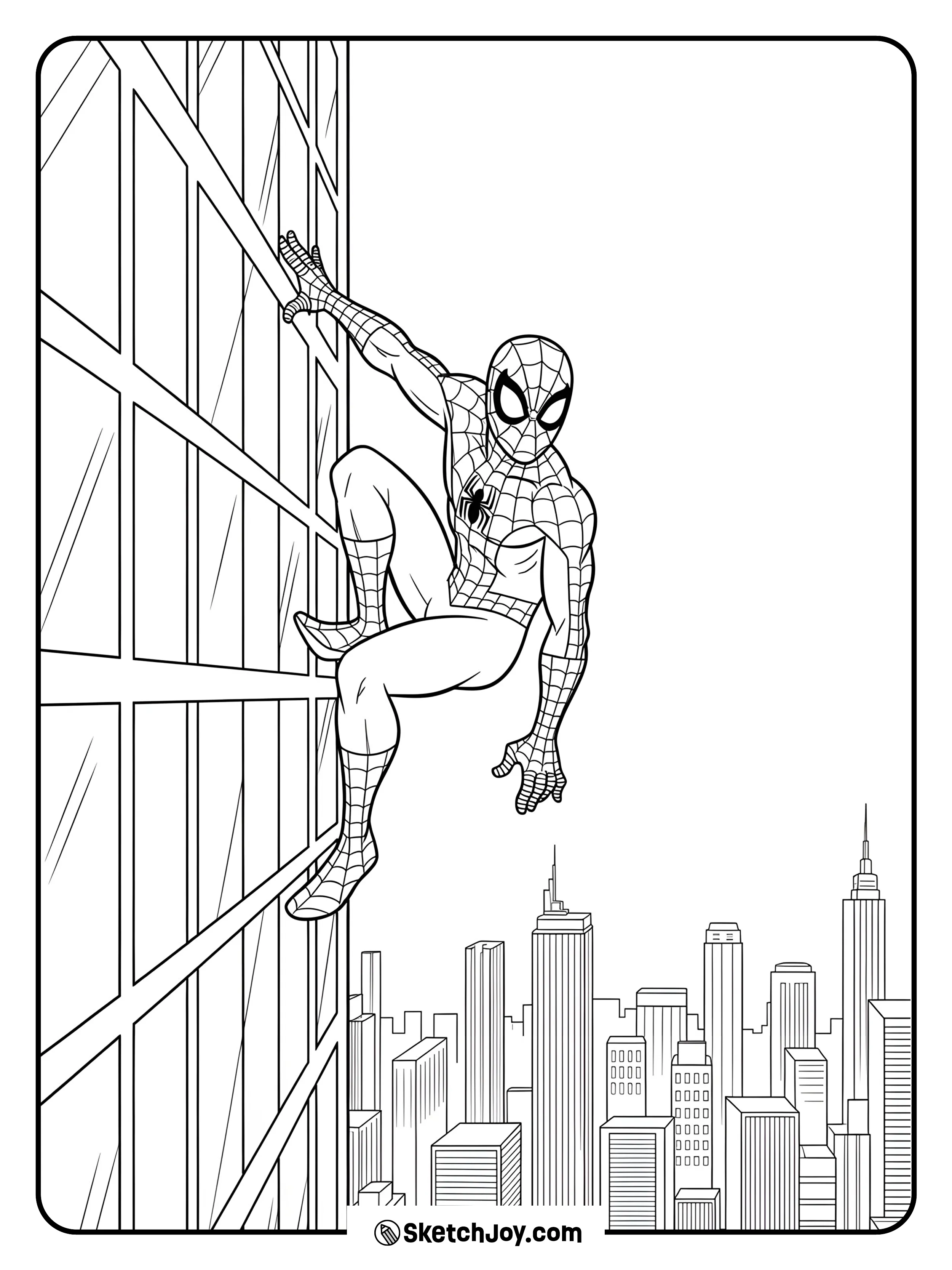Spider-Man scaling the side of a tall building, with the city far below him.