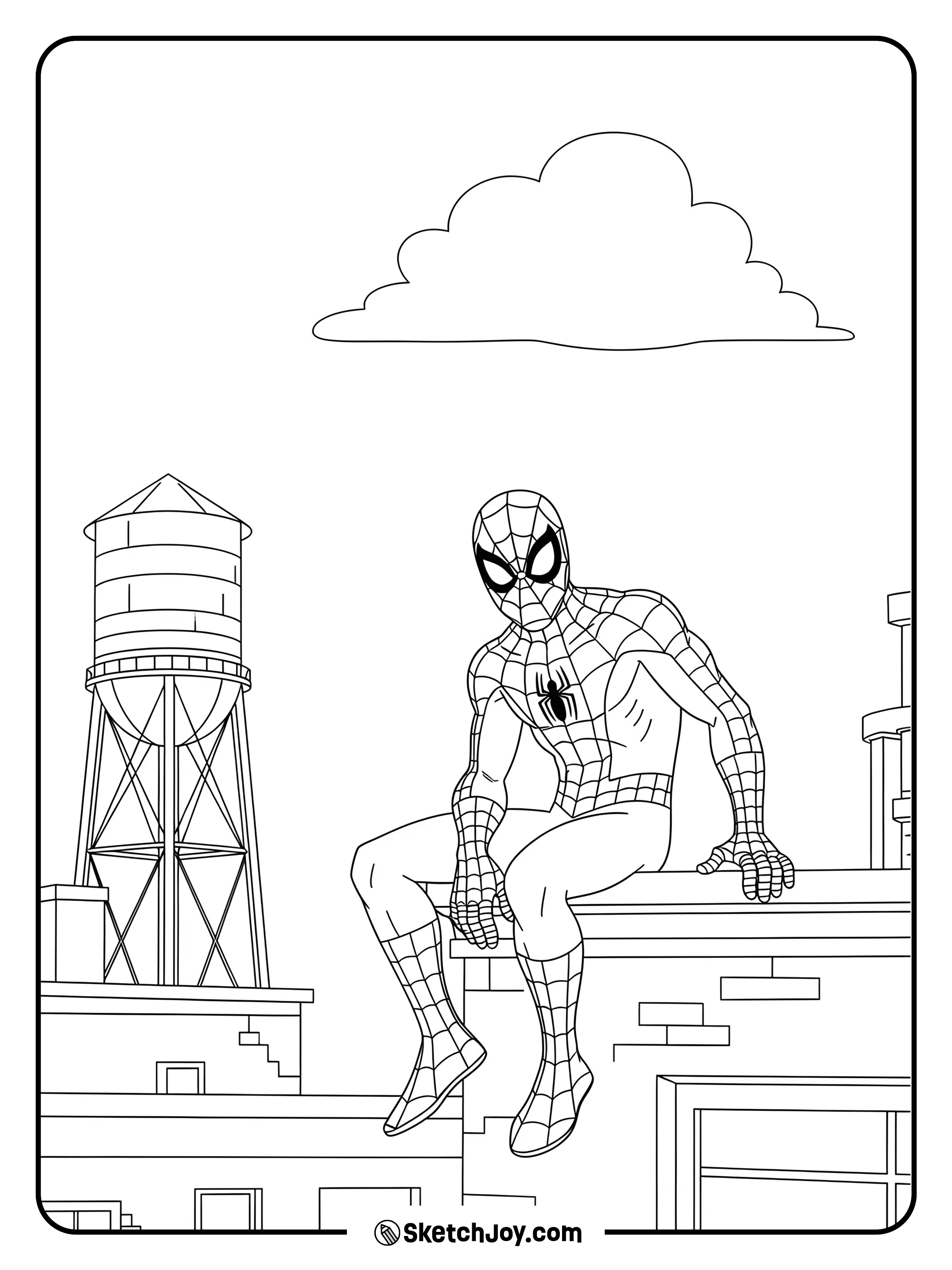 Spider-Man is sitting on a rooftop with a water tower nearby.