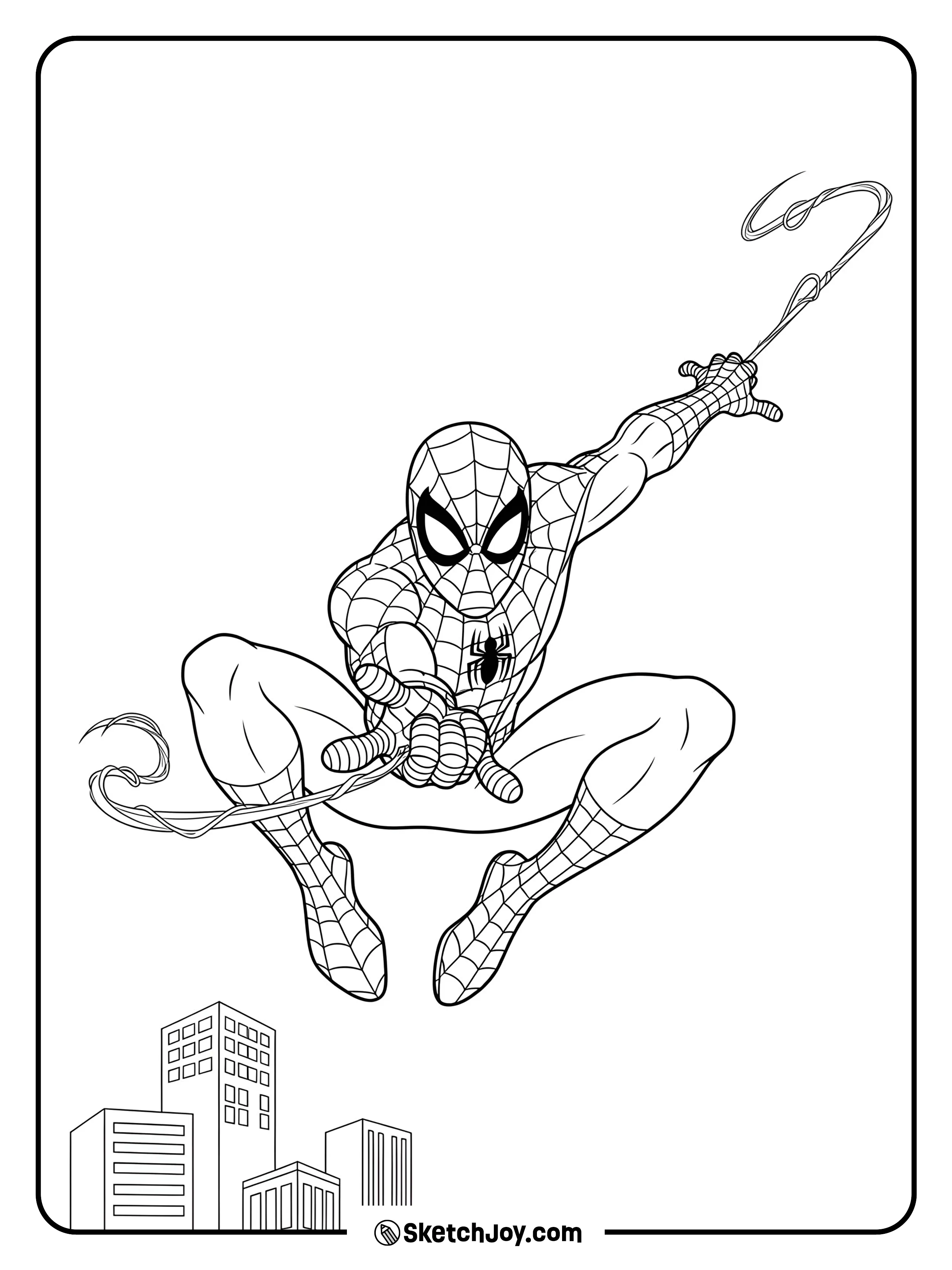 Spider-Man swinging on his web with a few buildings.
