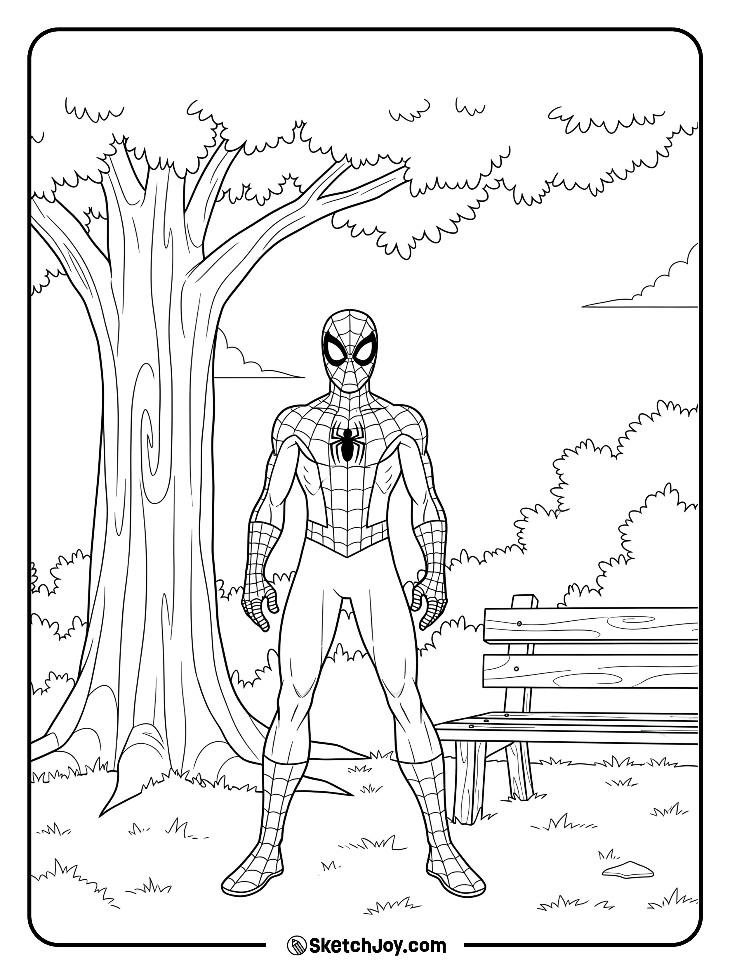 Spider-Man standing in a park with minimal background.