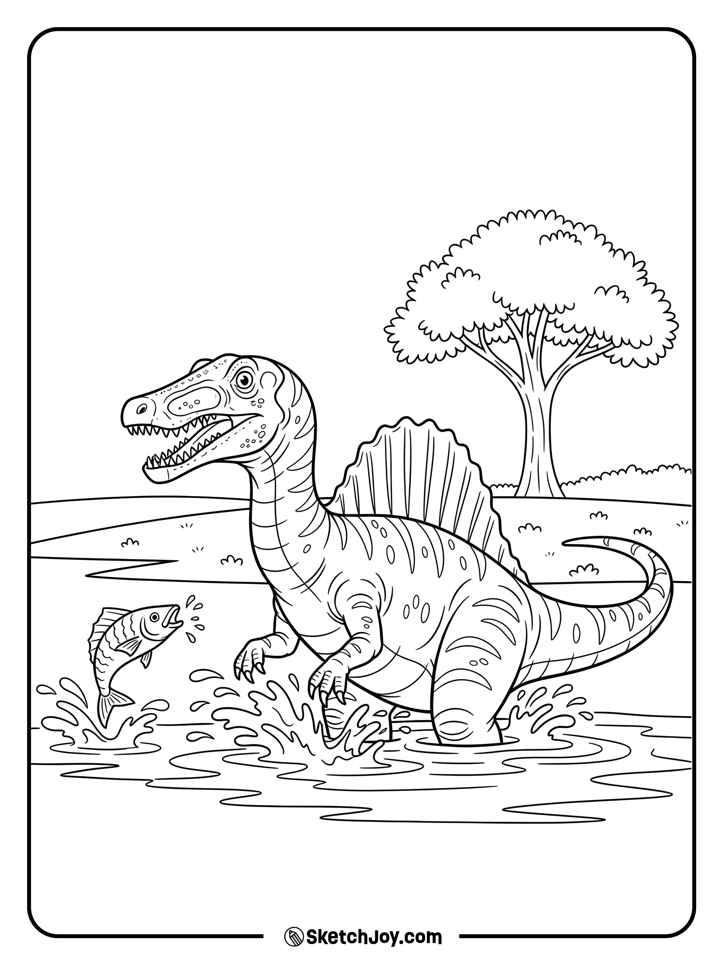 A Spinosaurus stands in shallow water splashing around.