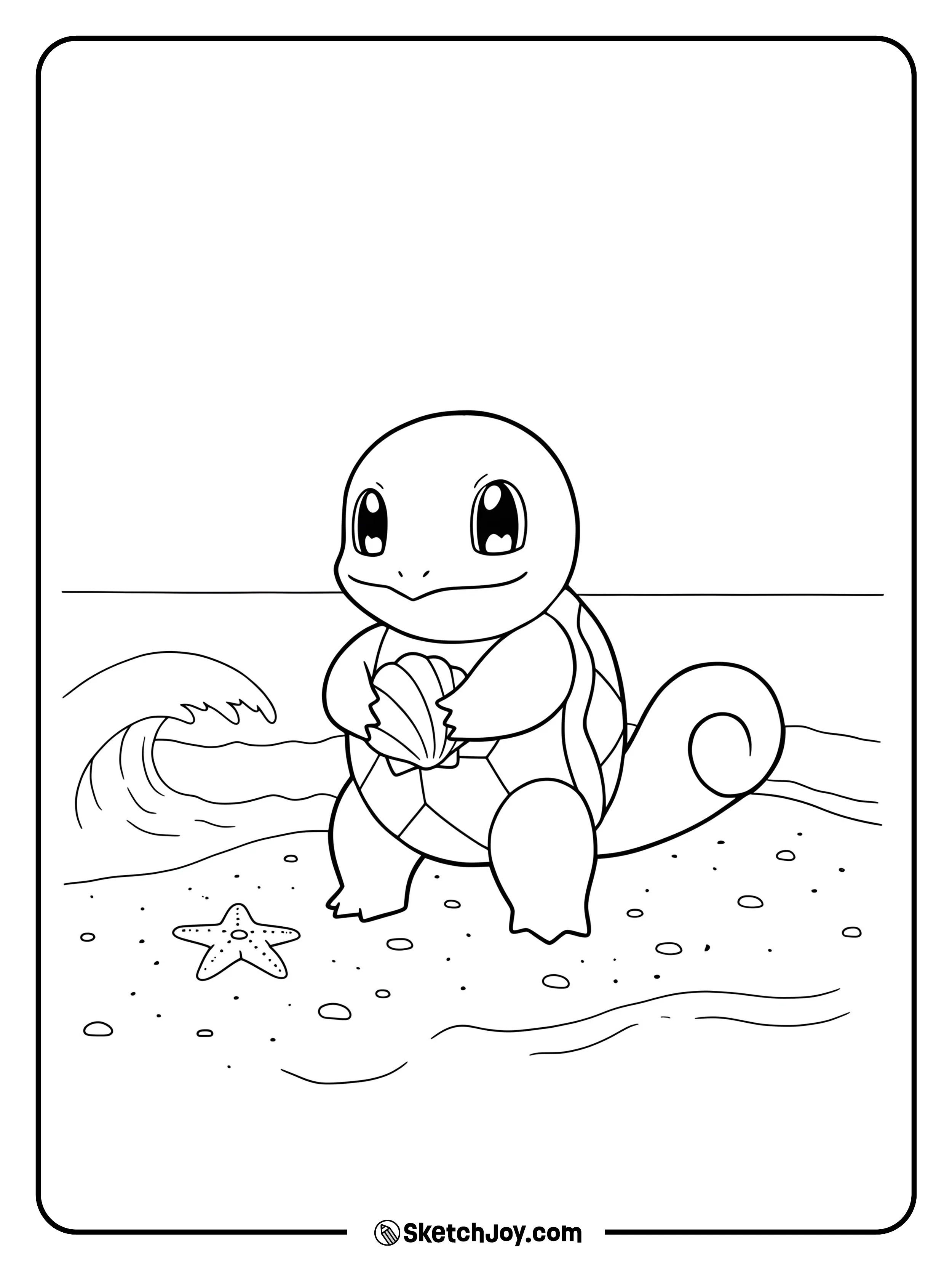 Squirtle enjoys the sunshine near the water, holding a small shell.
