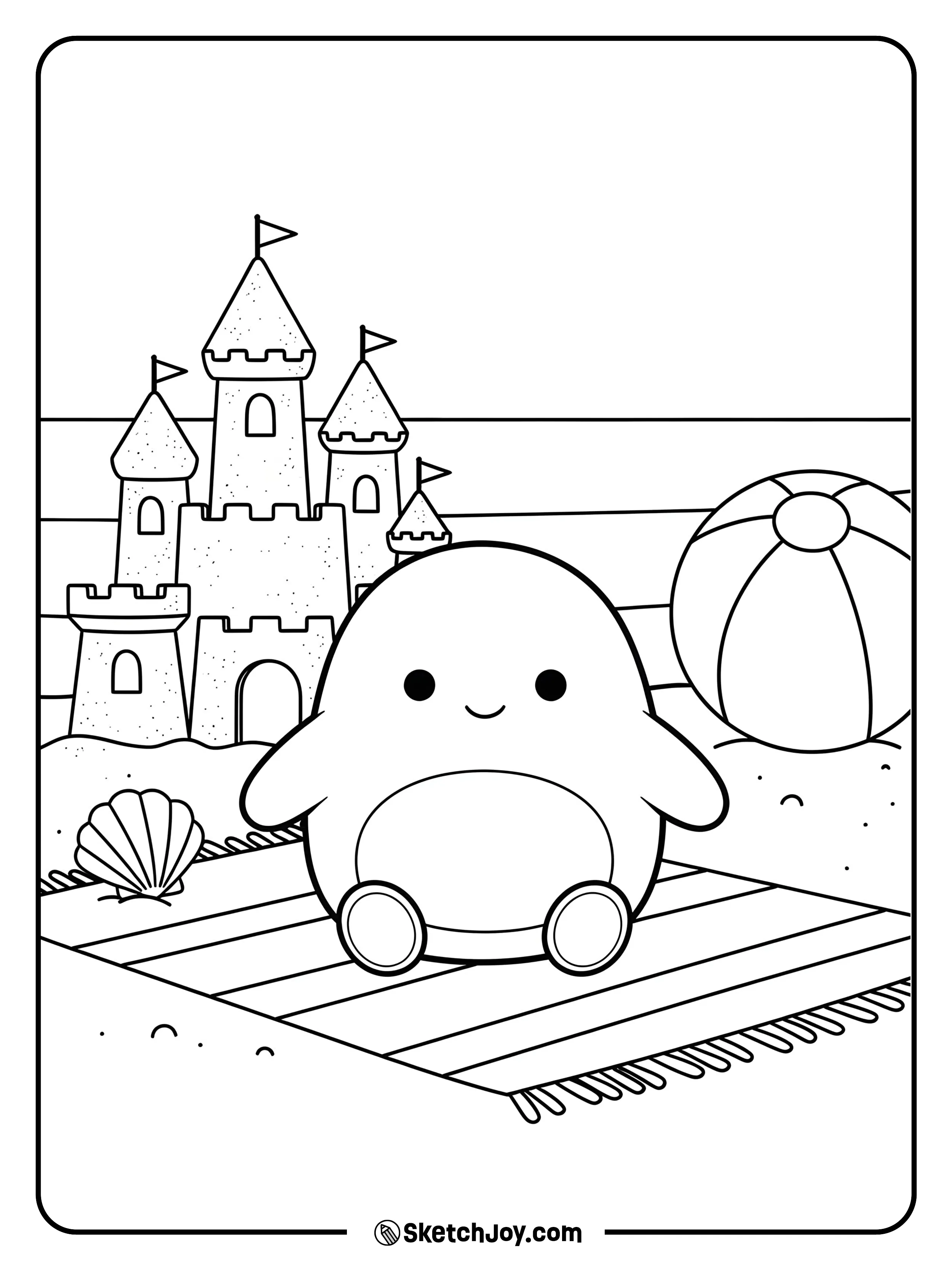 A cute Squishmallow enjoying a sunny day at the beach