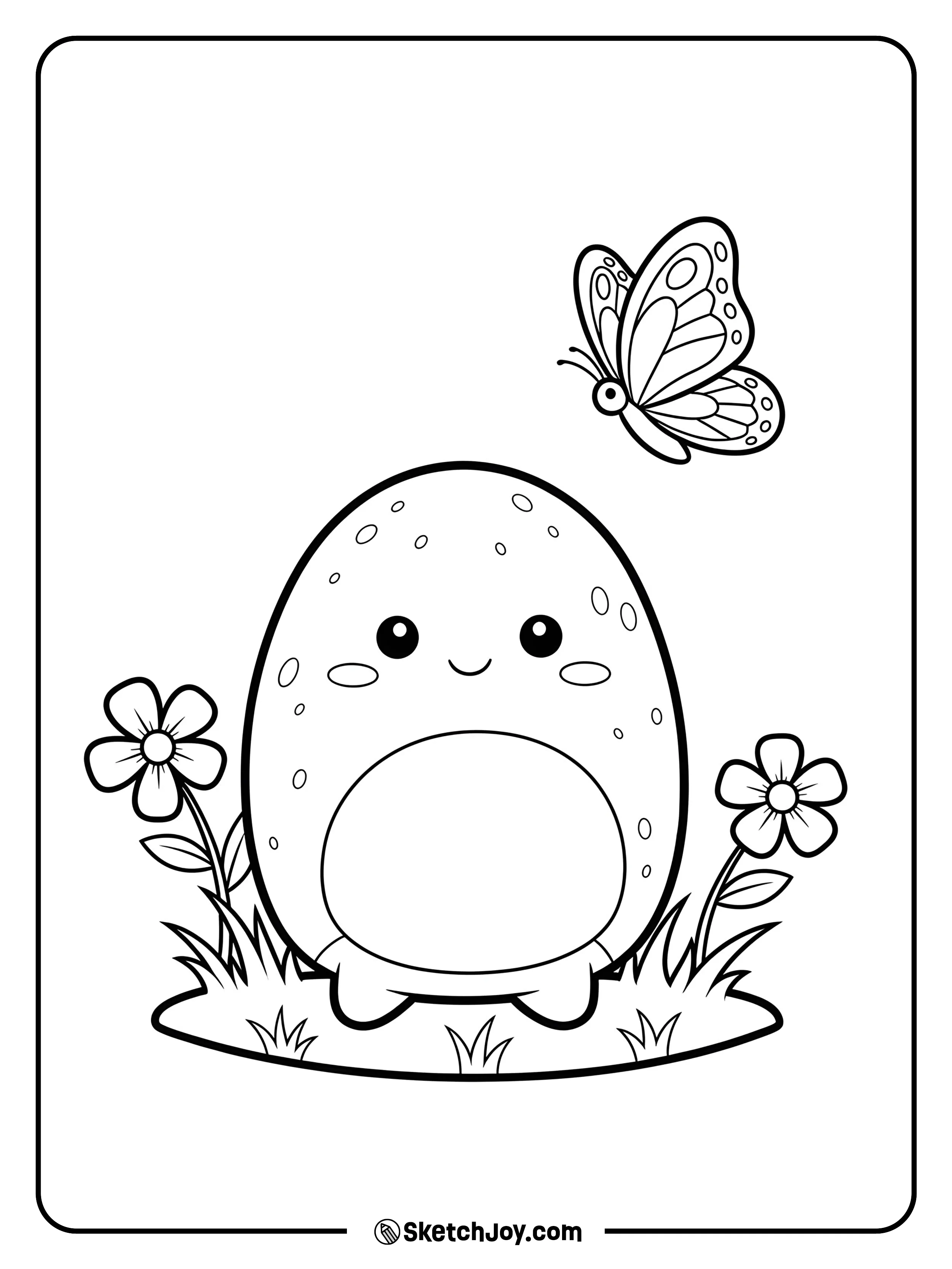 A happy Squishmallow surrounded by nature in a peaceful garden.