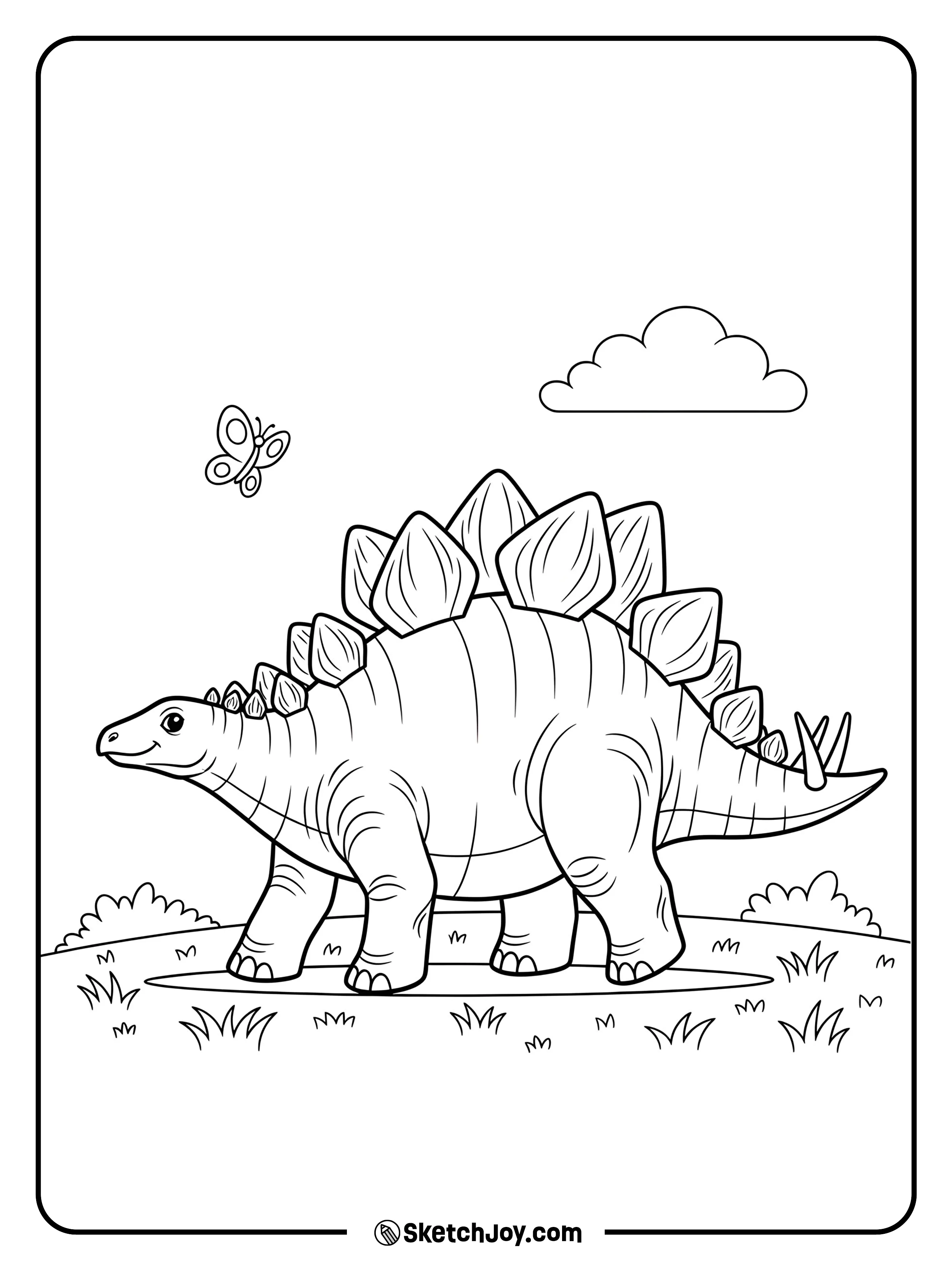 Stegosaurus walks across a grassy field with a butterfly above and a cloud in the sky.