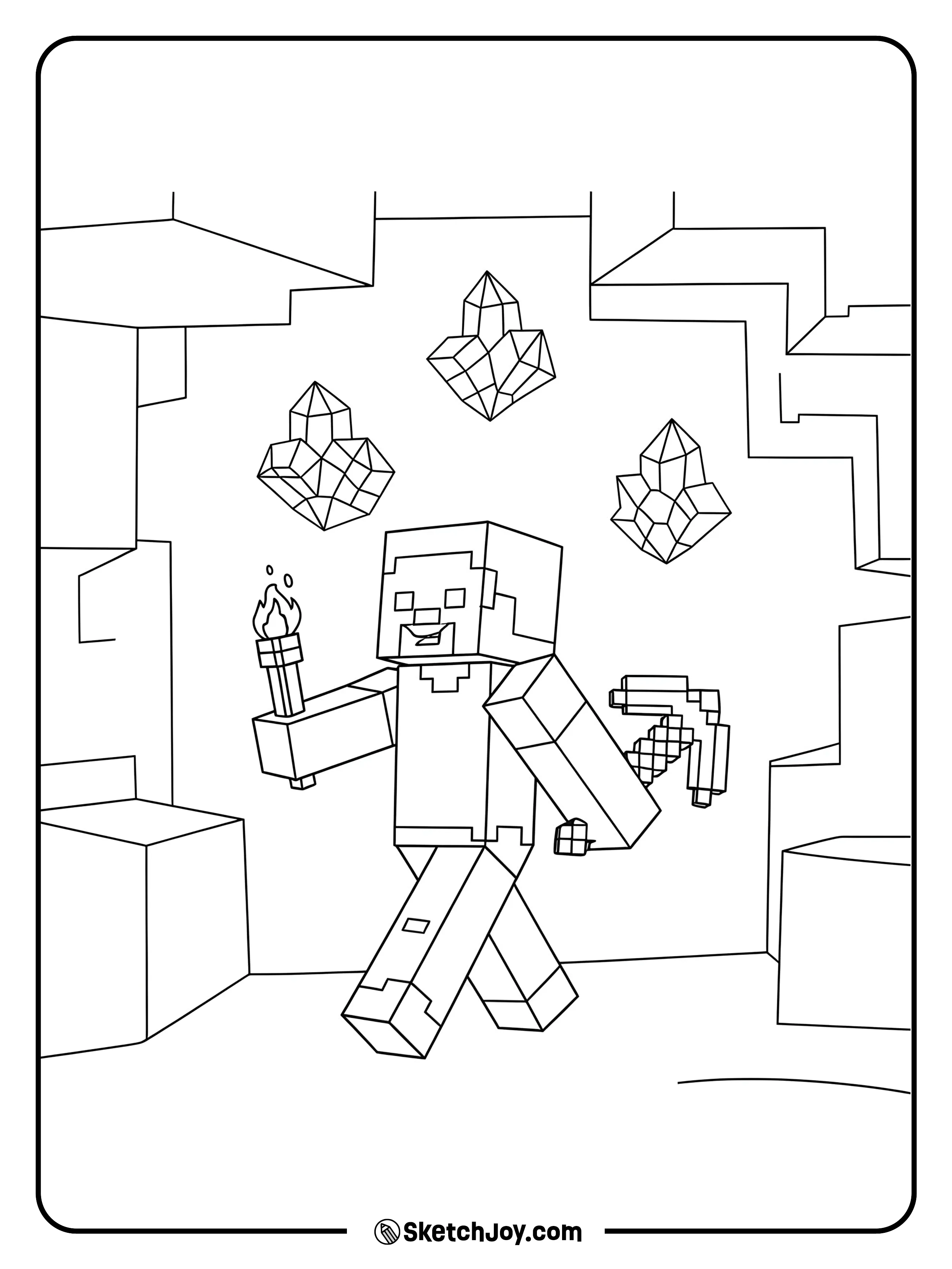 Steve holding a torch and exploring a Minecraft cave.