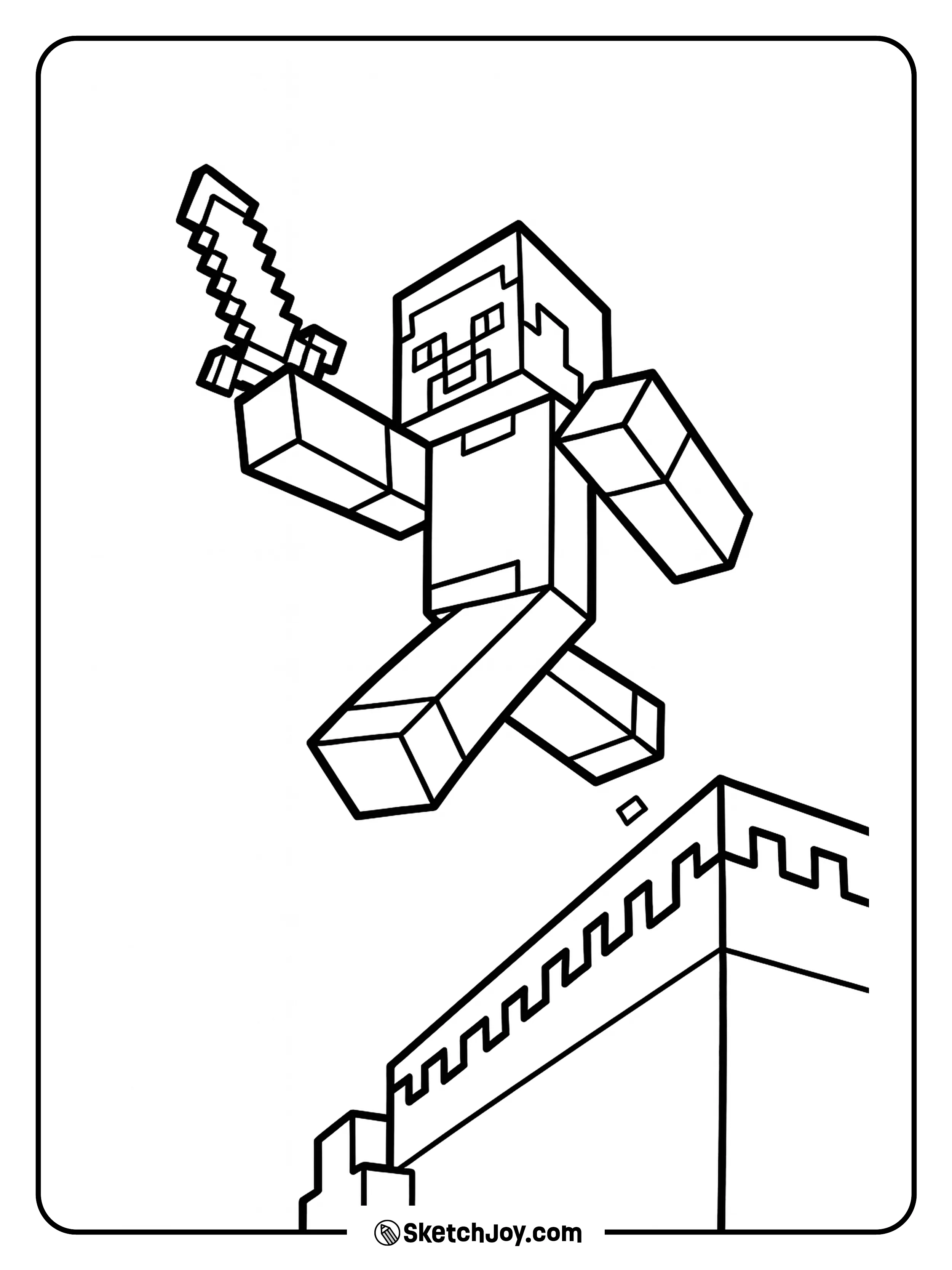 Steve jumping off a cliff with his sword in hand.