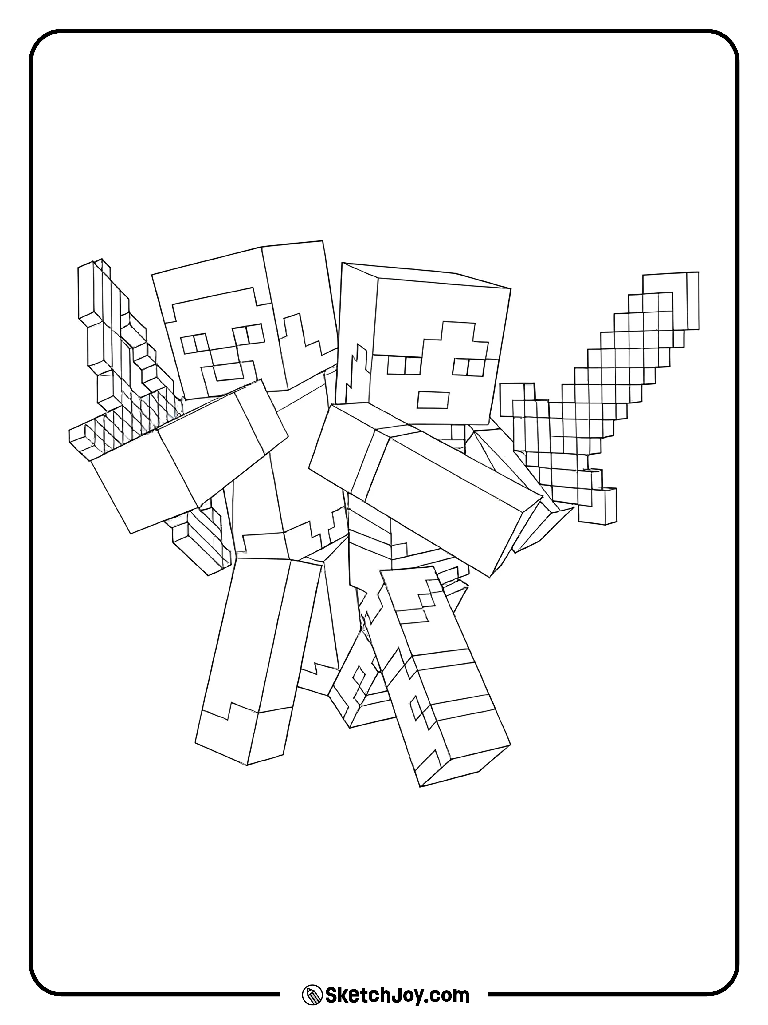 Steve with a bow and Alex with a sword, ready to fight together.