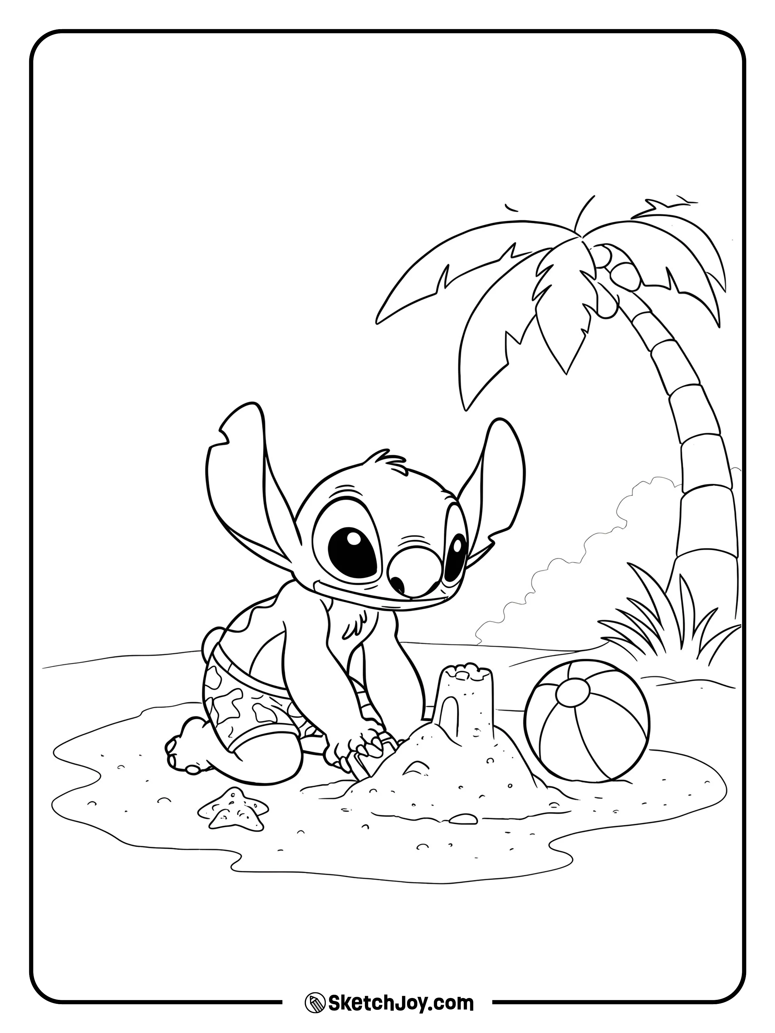 Stitch is enjoying the beach by building a tall sandcastle.