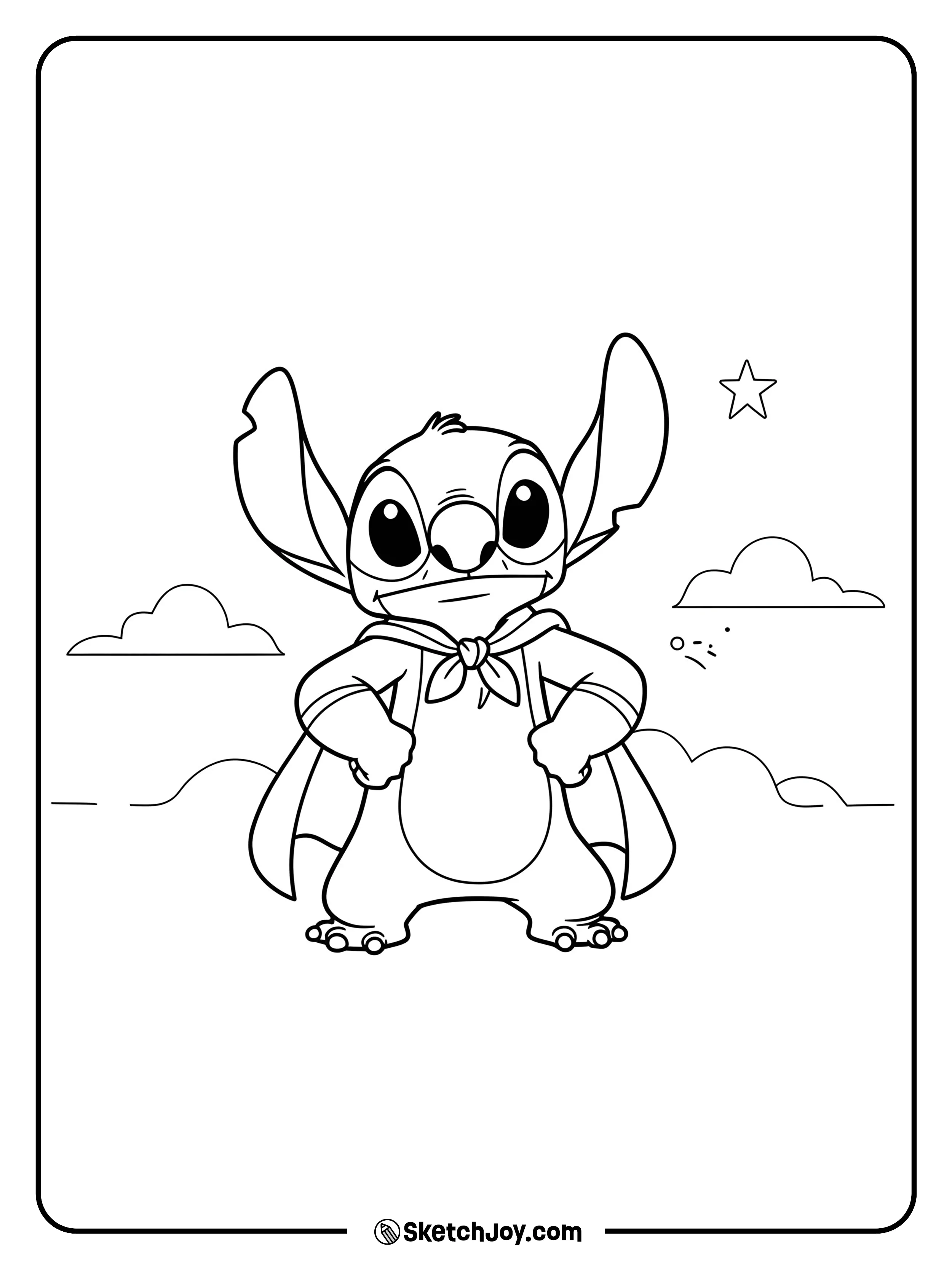Stitch strikes a pose in a superhero costume.