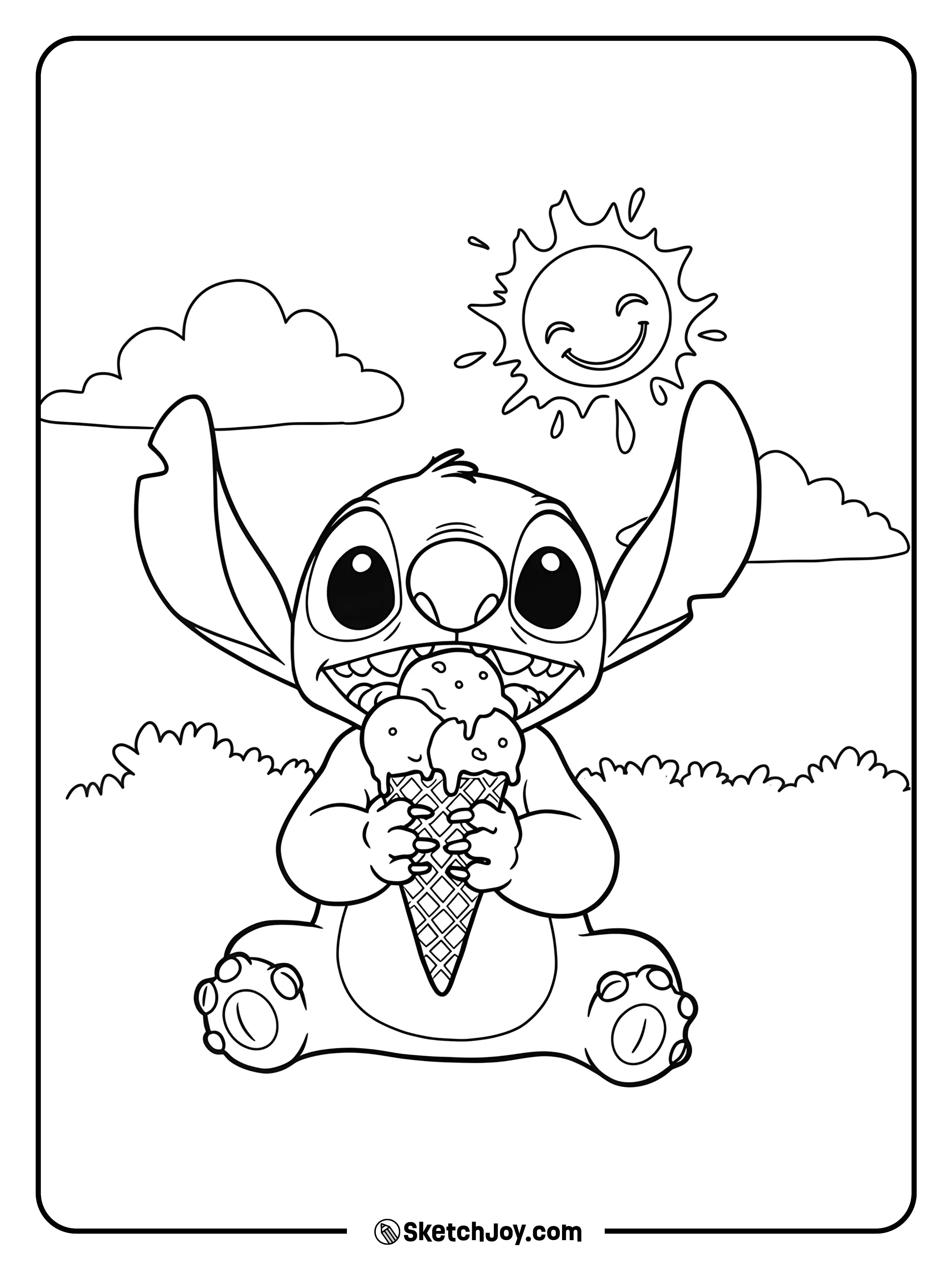 Stitch enjoying a big ice cream cone on a sunny day.