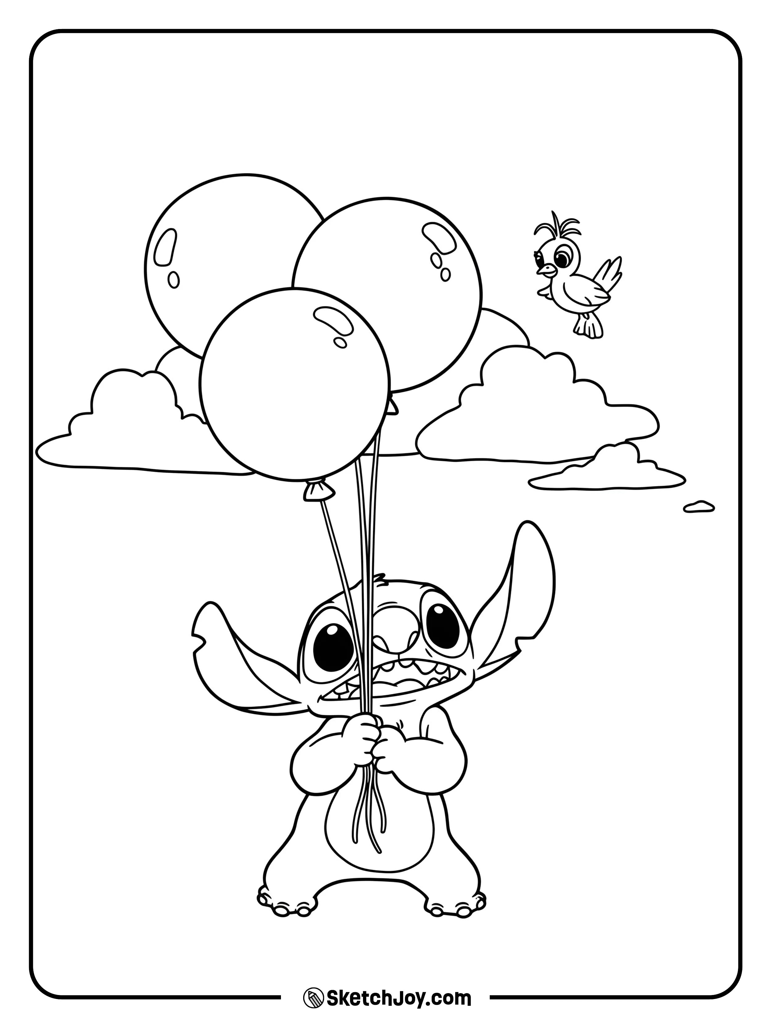 Stitch is floating in the air holding balloons.