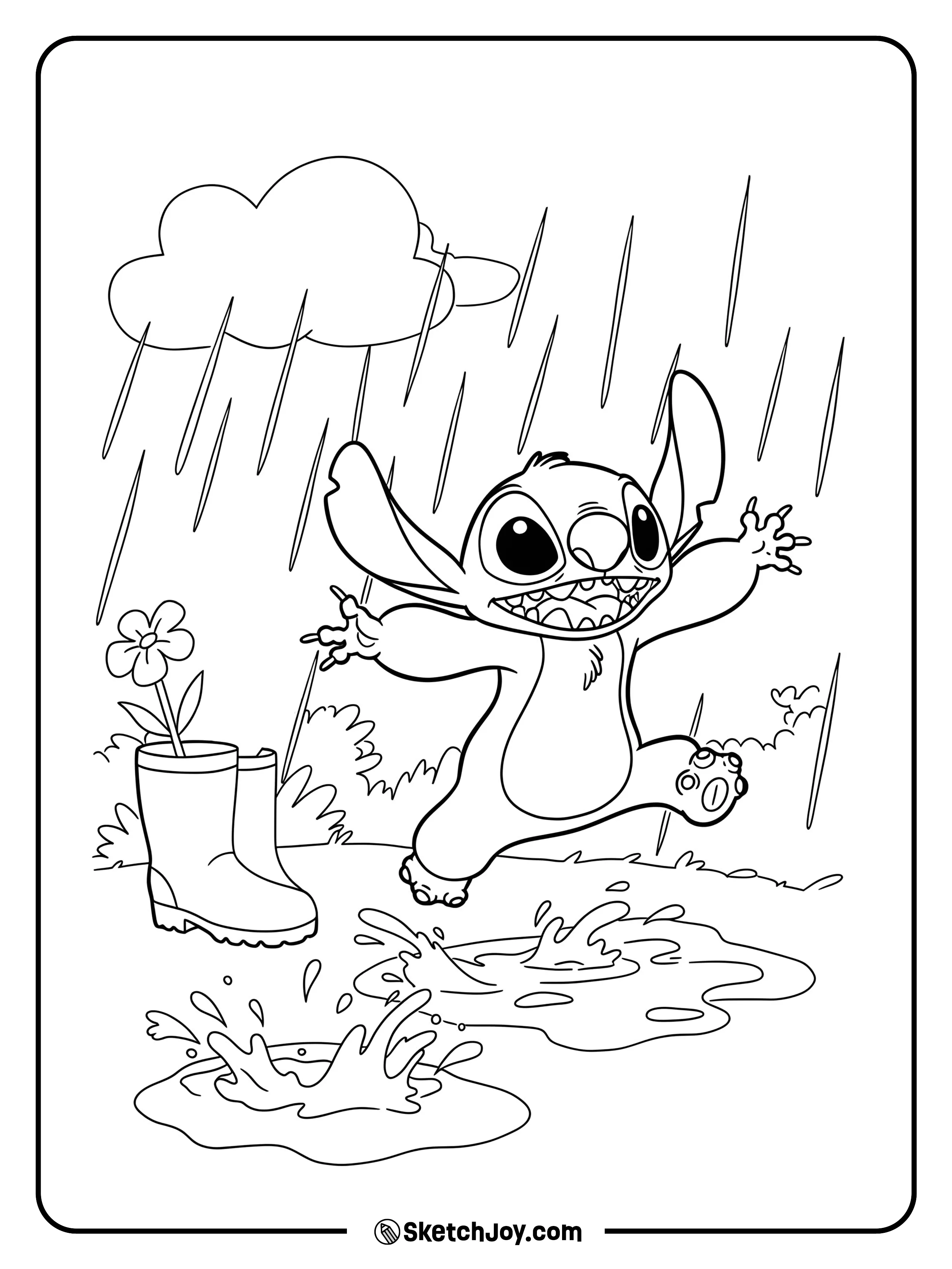 A playful scene of Stitch splashing in a puddle with glee.