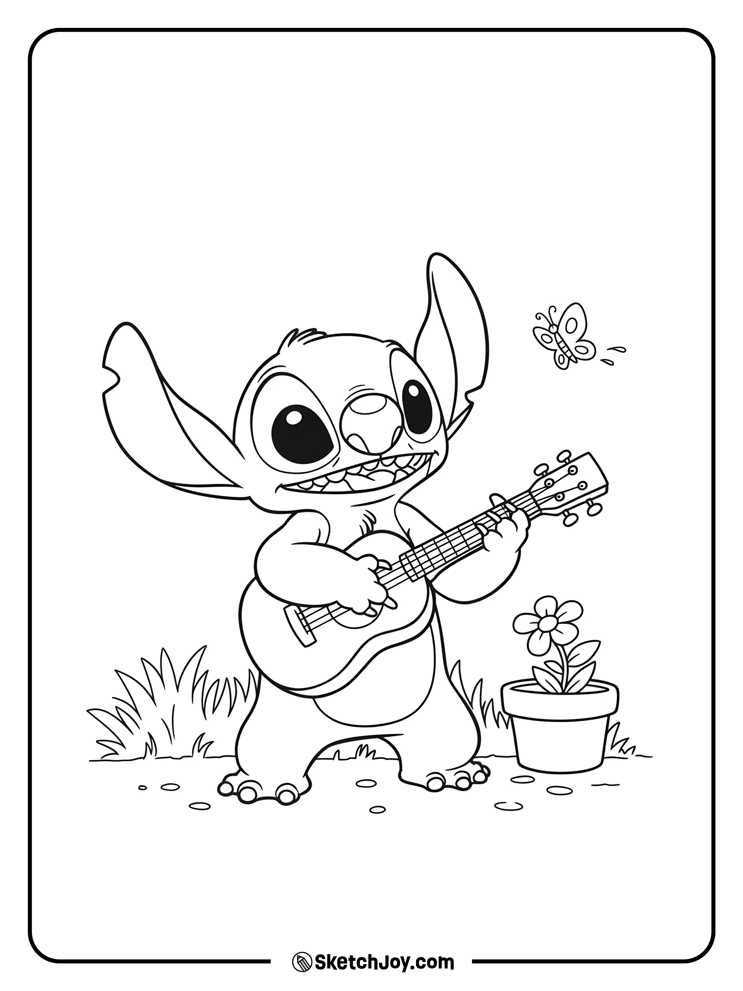Stitch strums his ukulele with excitement in this fun and musical scene.