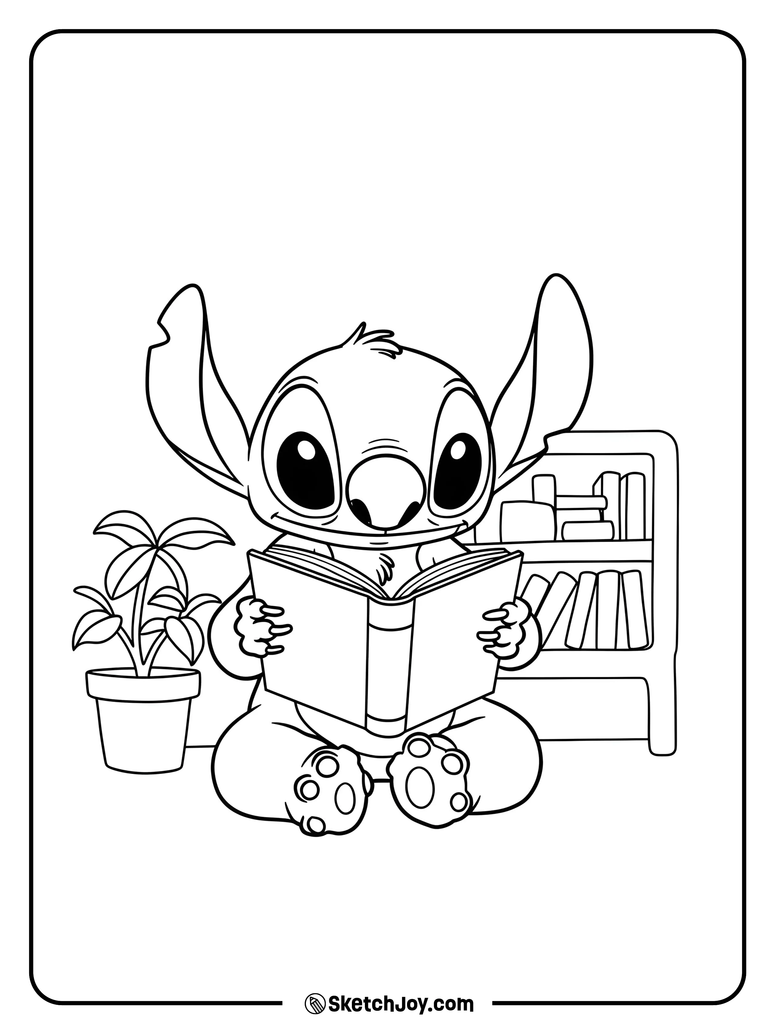 Stitch sits calmly reading a book.