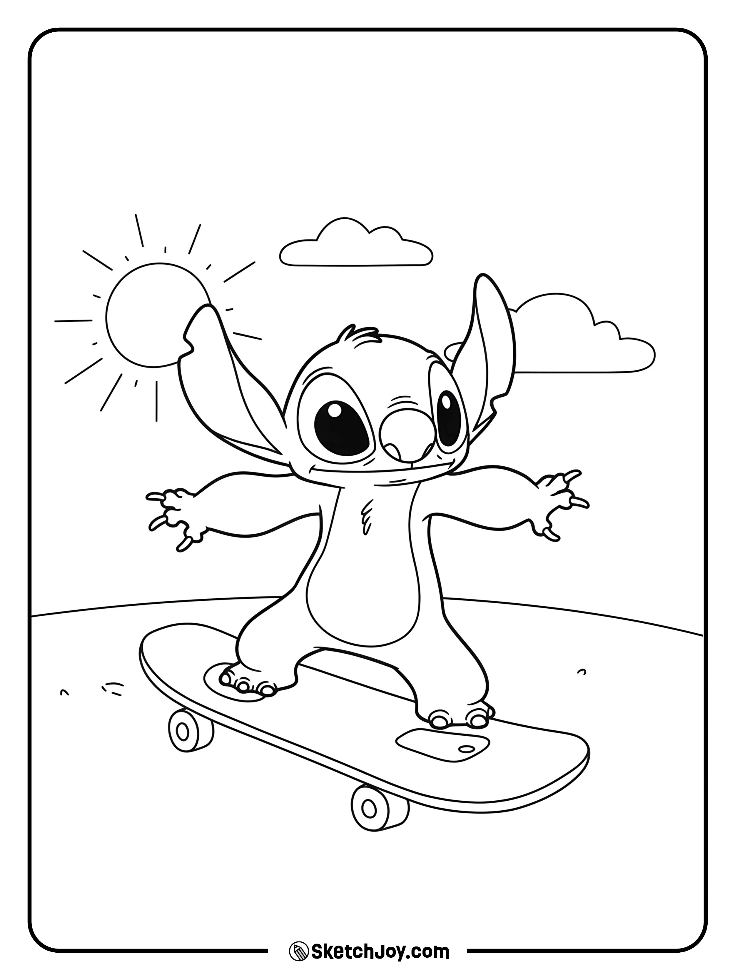 Stitch riding a skateboard with a big grin.