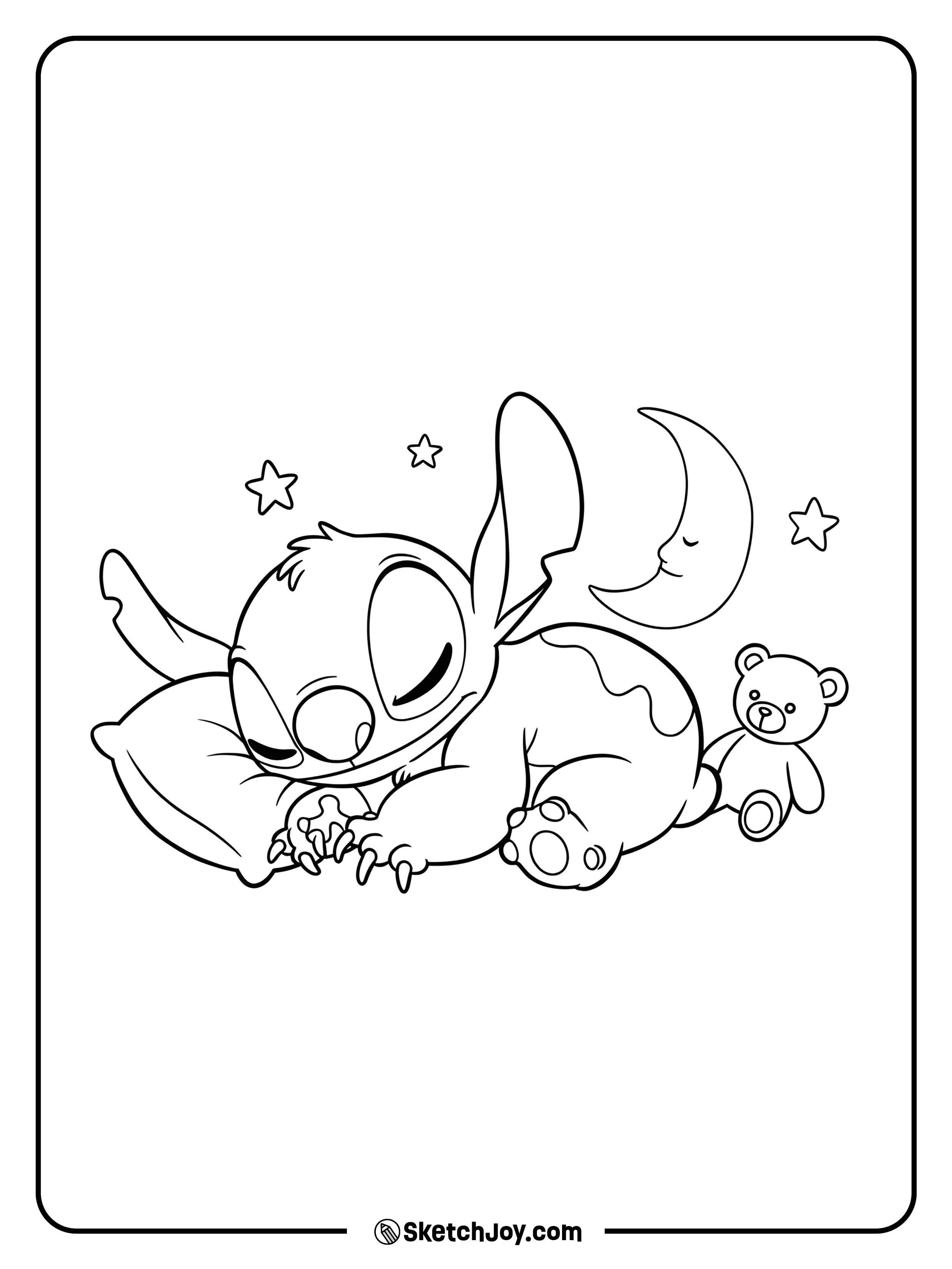 Stitch taking a nap with a cozy smile.
