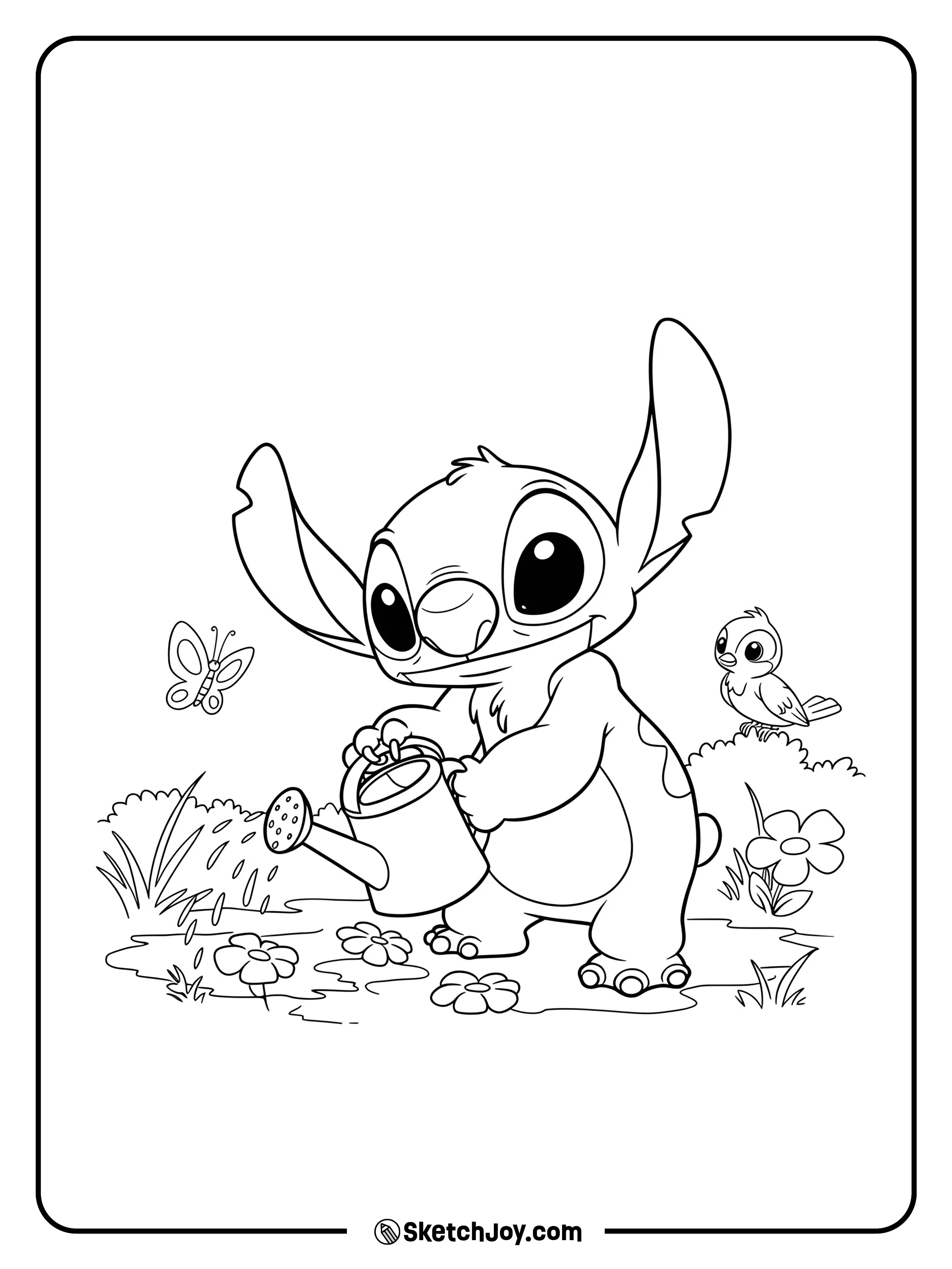 Stitch is being helpful and watering flowers.