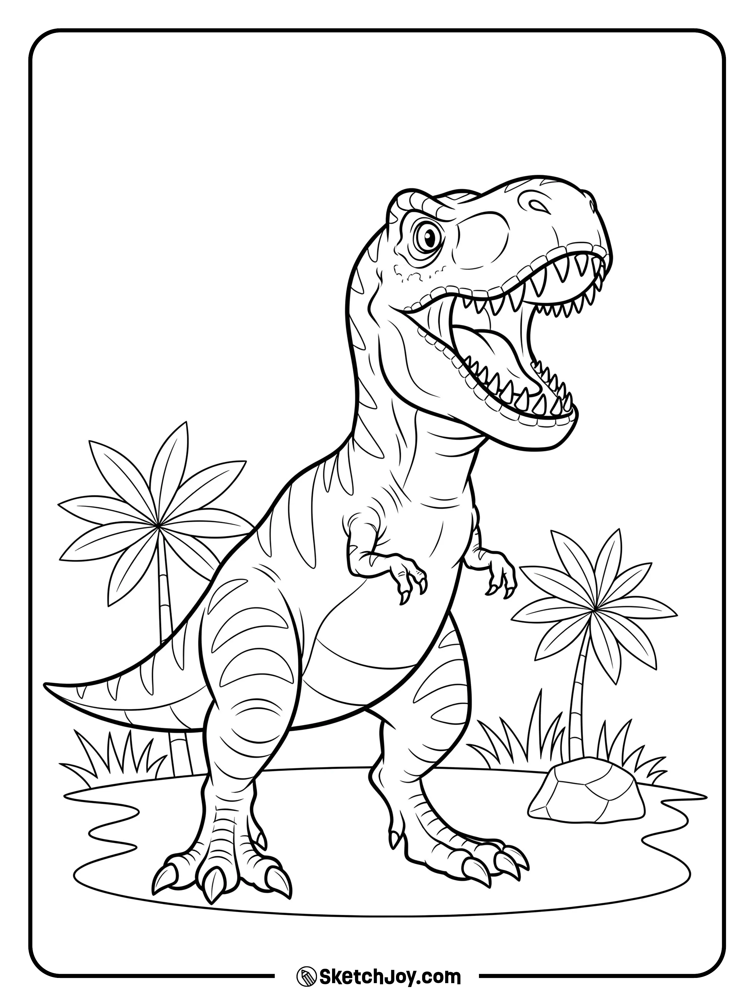 A cheerful T-Rex stands on two legs and lets out a mighty roar.
