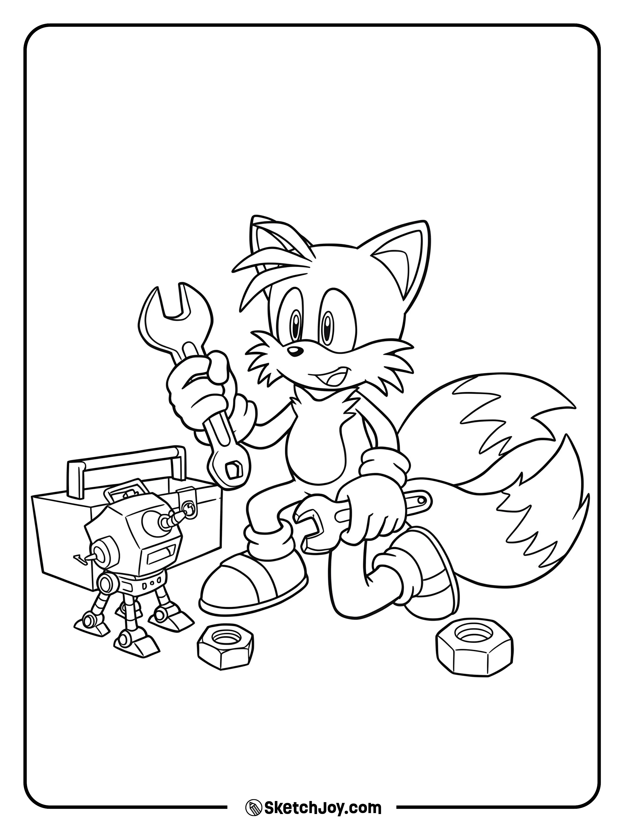 Tails is focused as he uses a wrench to work on a little robot.