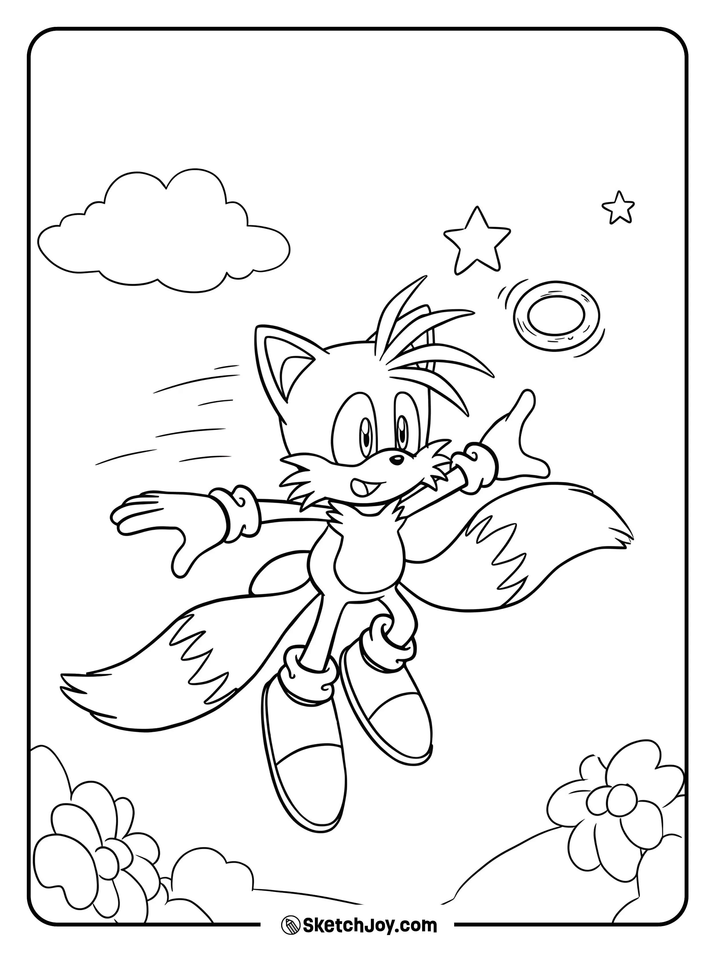 Tails is happily flying through the air, spinning his twin tails like a helicopter.