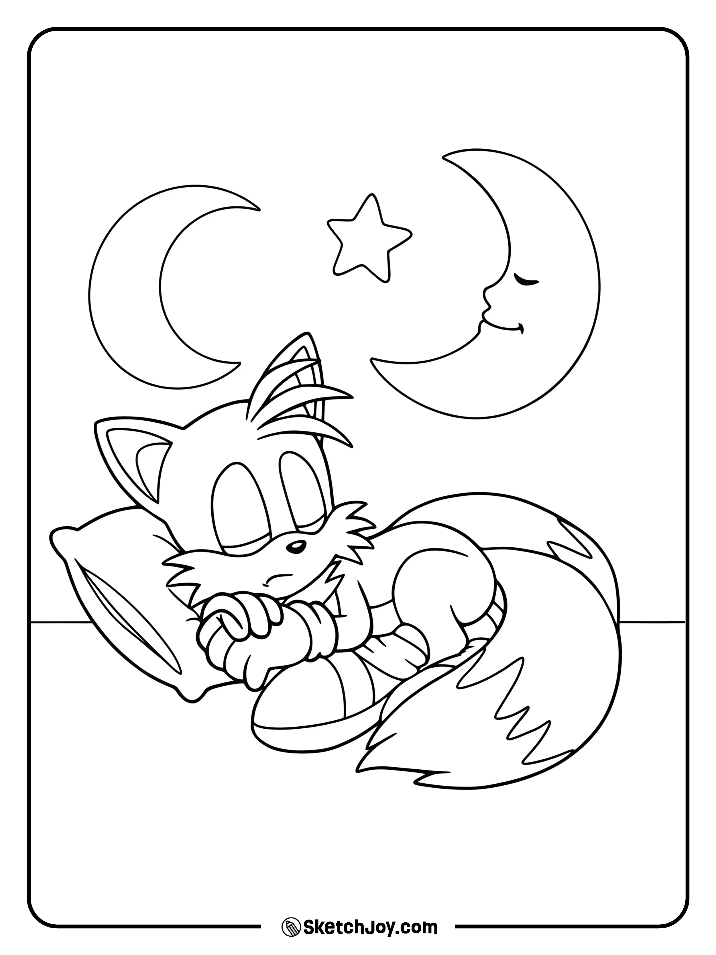 Tails is curled up in sleep, looking peaceful and cozy.