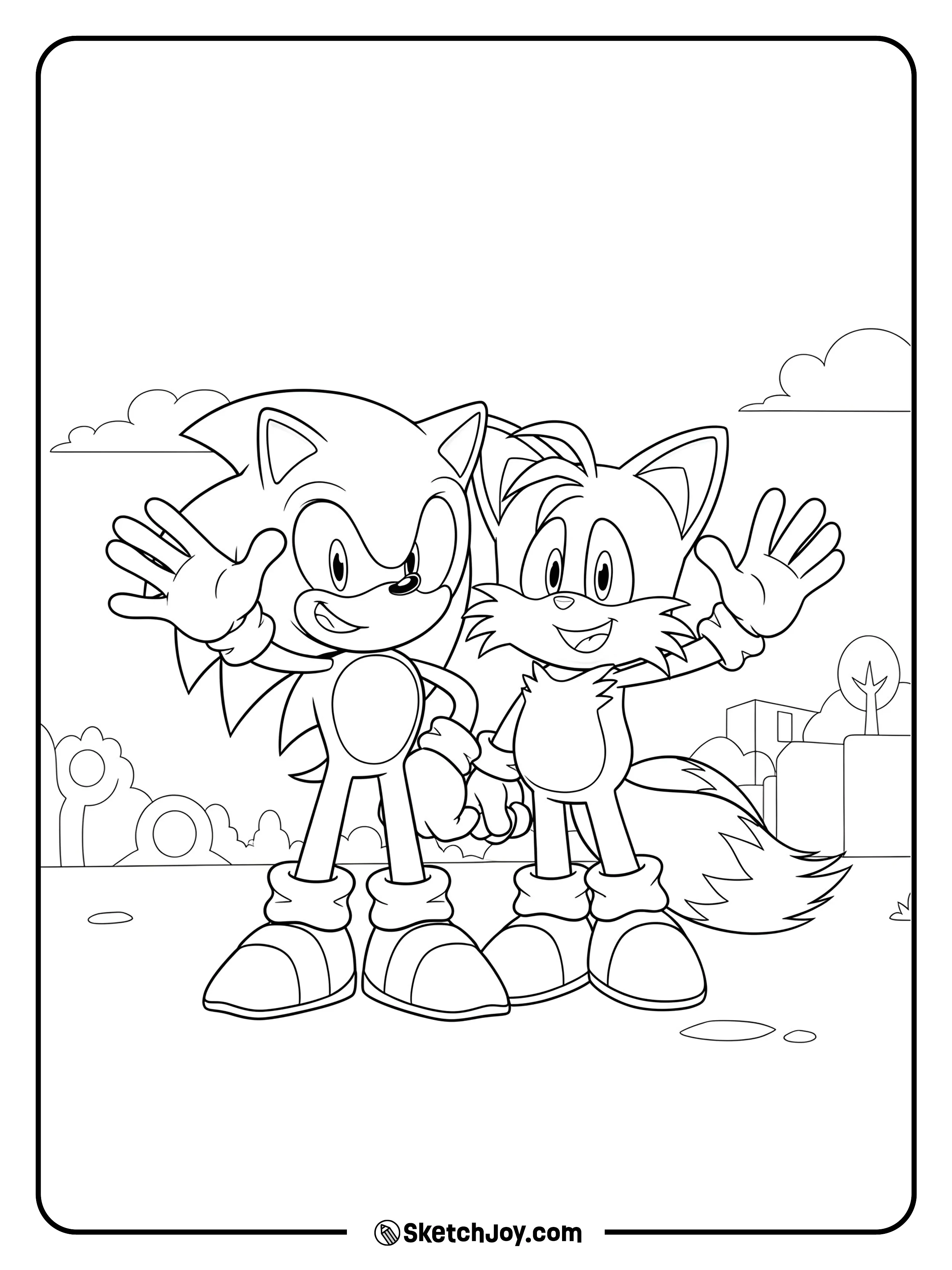 Sonic and Tails stand side by side, both waving and smiling.