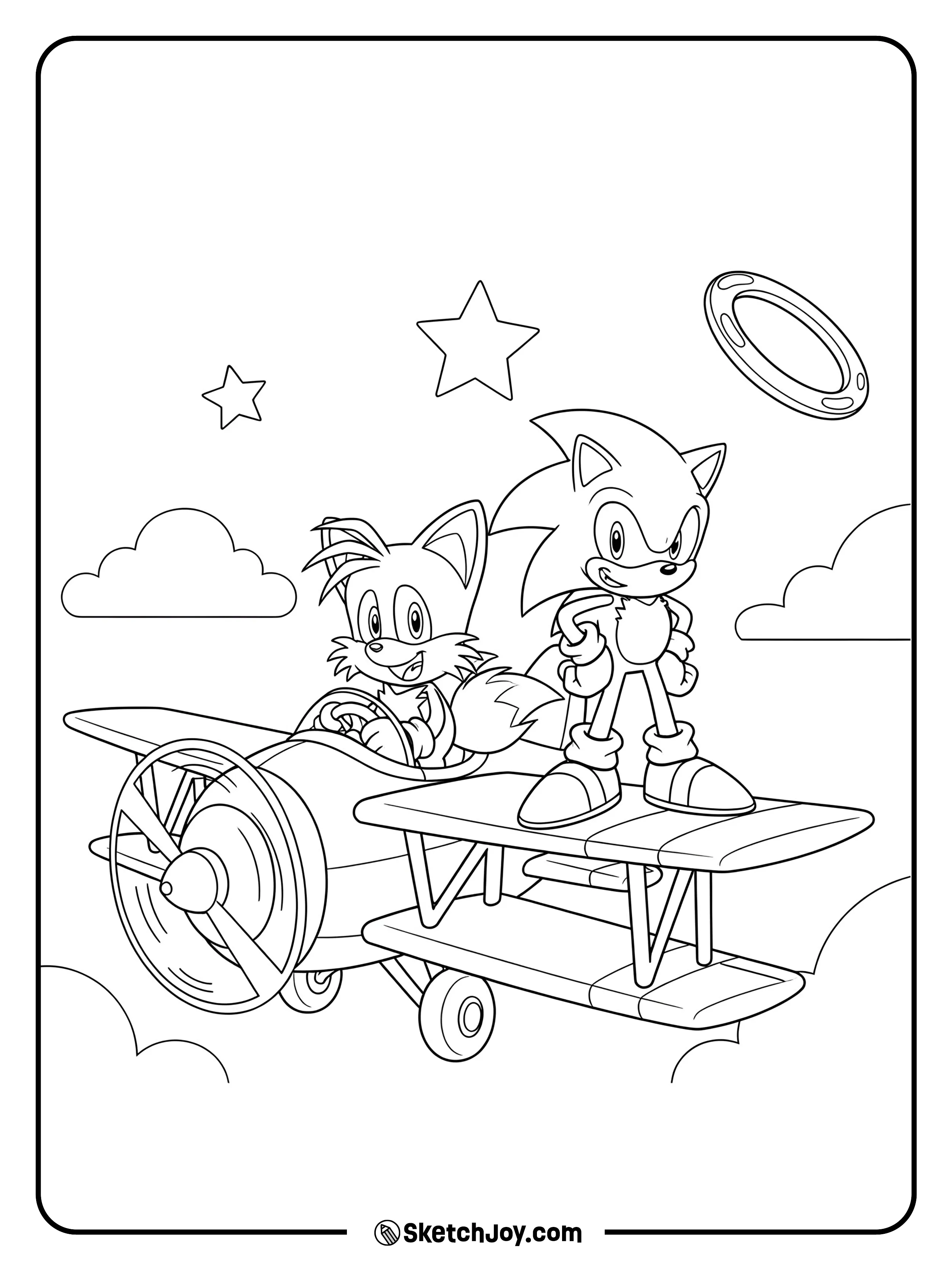 Tails is flying his signature biplane, with Sonic riding on the wing.