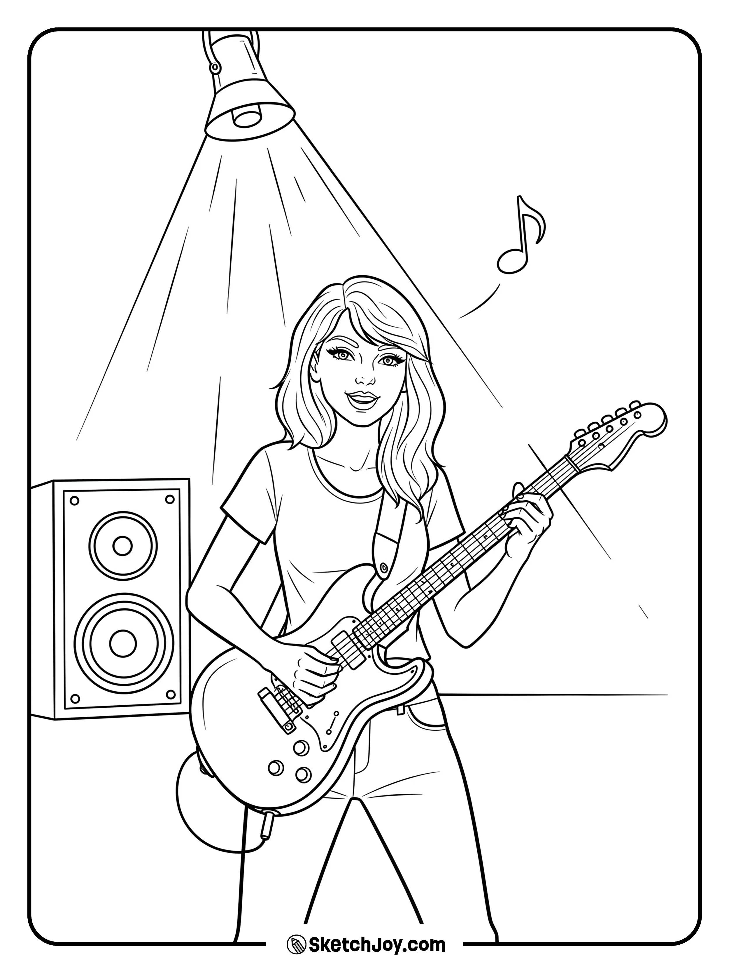 Taylor Swift rocking the stage with her guitar.