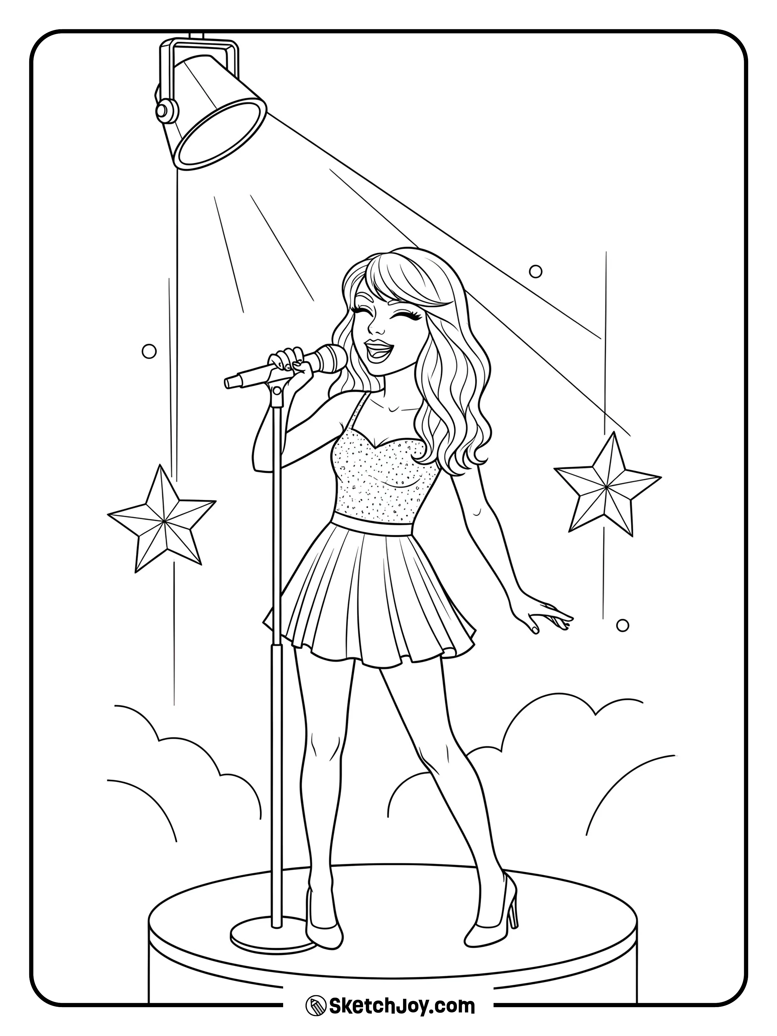 A fun page of Taylor Swift singing joyfully on stage.