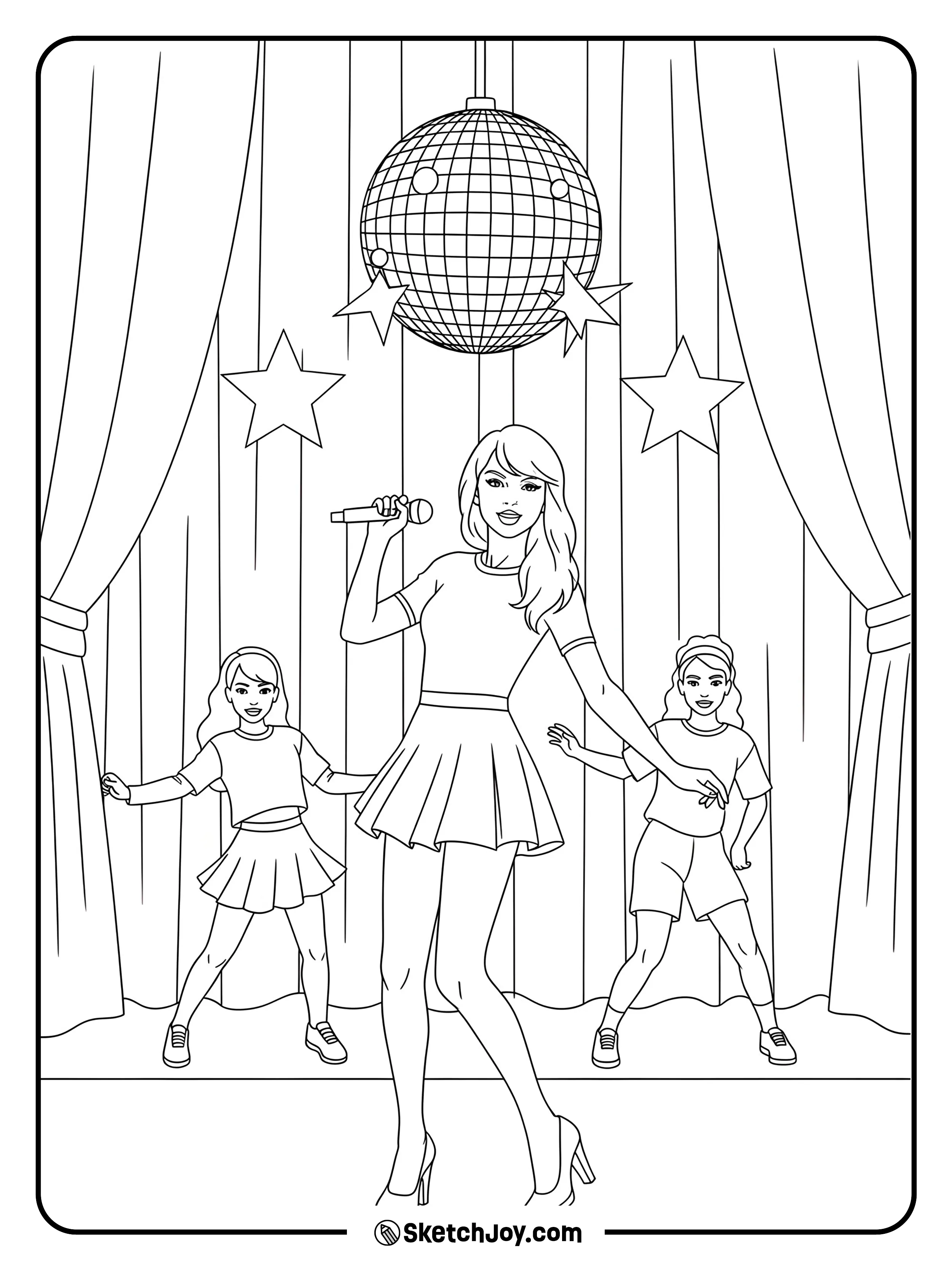 A stage scene with Taylor Swift dancing with friends.